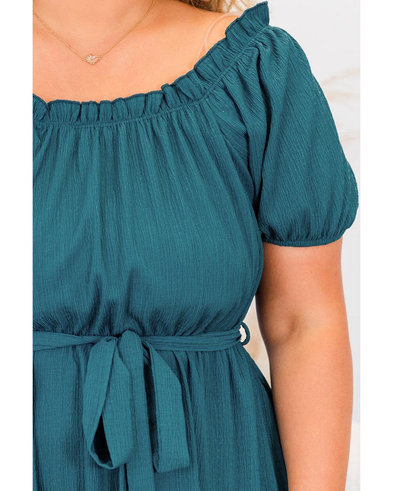 Skobeloff Frilled U Neck Puff Sleeve Belted Ruffle Hem Plus Size Midi Dress - 2X