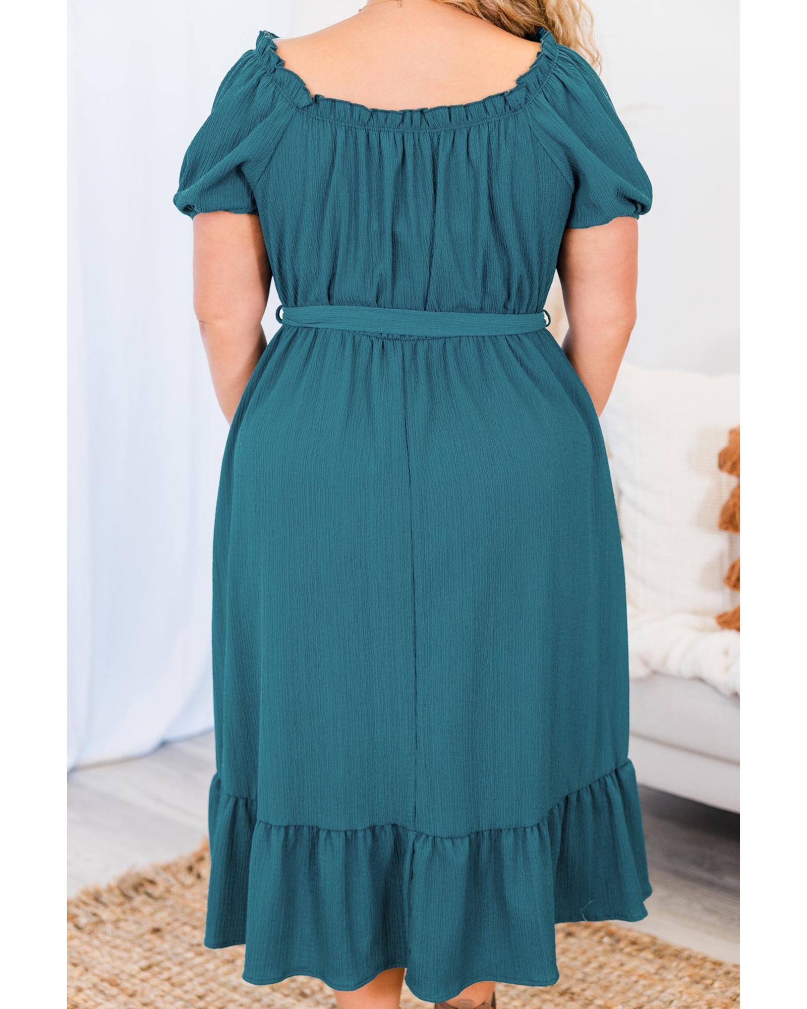 Skobeloff Frilled U Neck Puff Sleeve Belted Ruffle Hem Plus Size Midi Dress - 2X