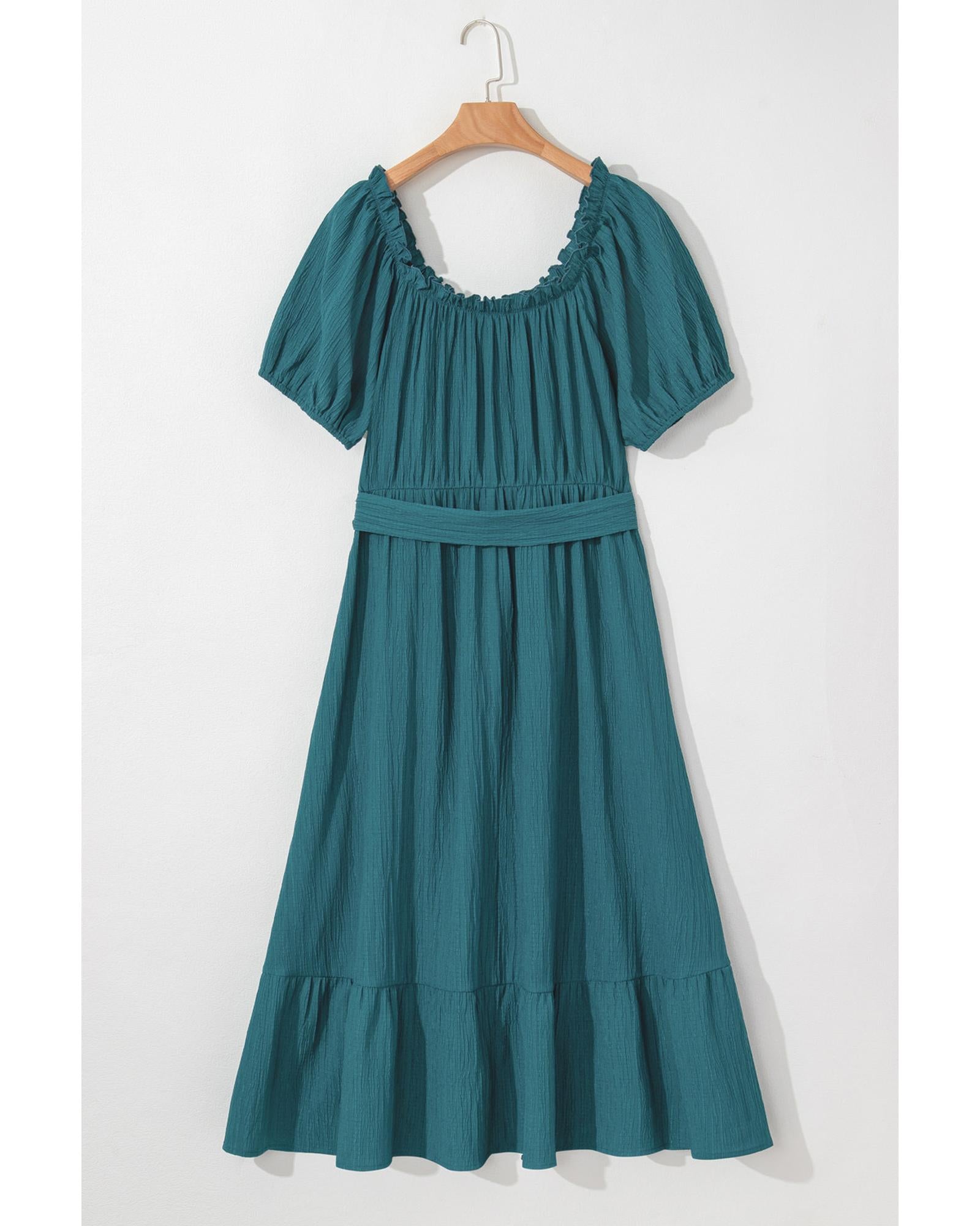 Skobeloff Frilled U Neck Puff Sleeve Belted Ruffle Hem Plus Size Midi Dress - 2X