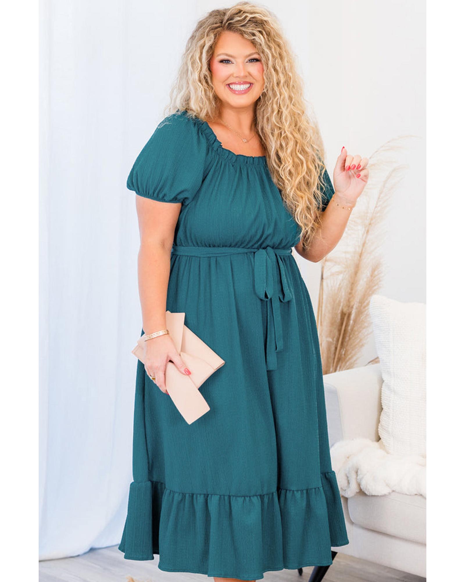 Skobeloff Frilled U Neck Puff Sleeve Belted Ruffle Hem Plus Size Midi Dress - 2X