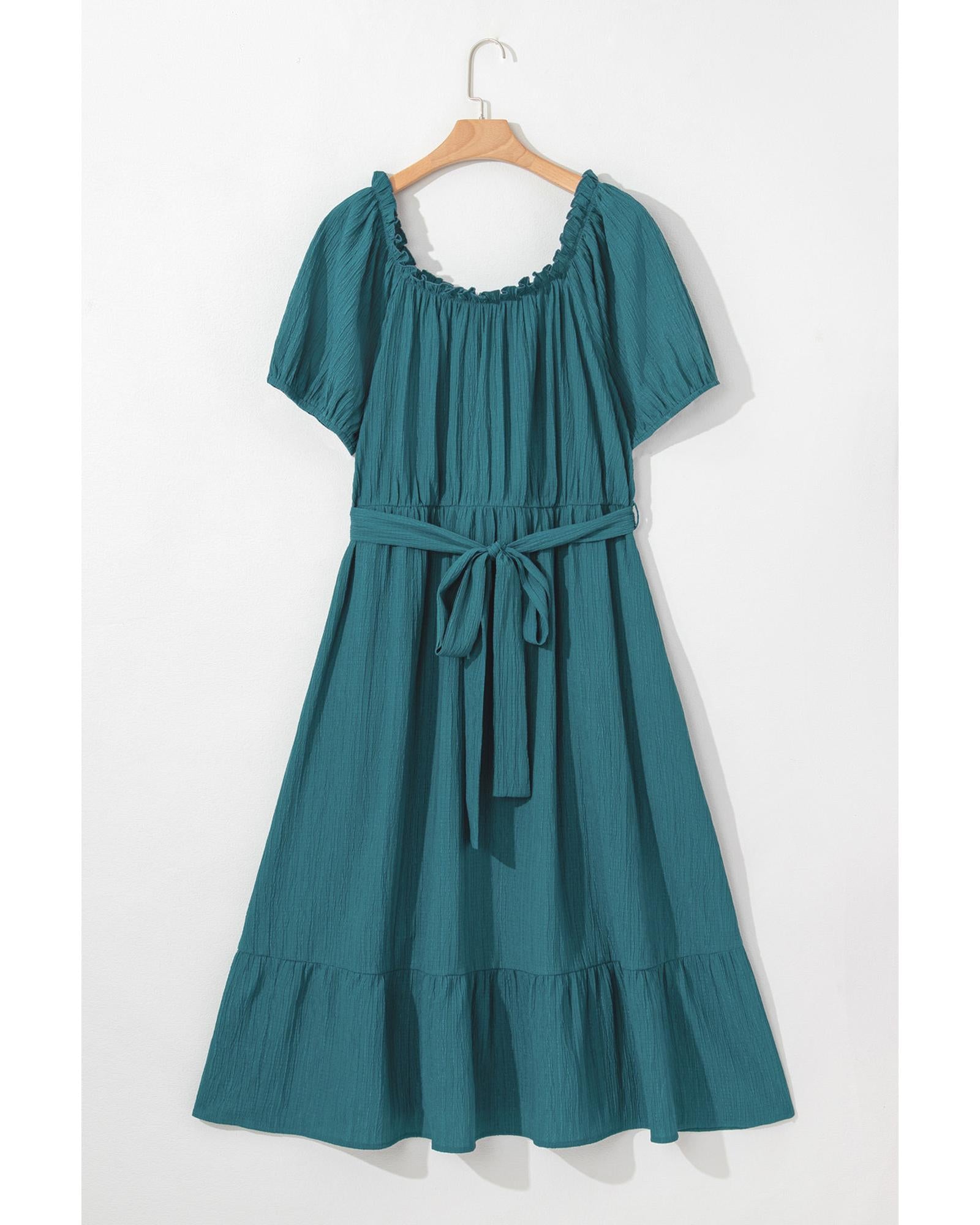 Skobeloff Frilled U Neck Puff Sleeve Belted Ruffle Hem Plus Size Midi Dress - 2X