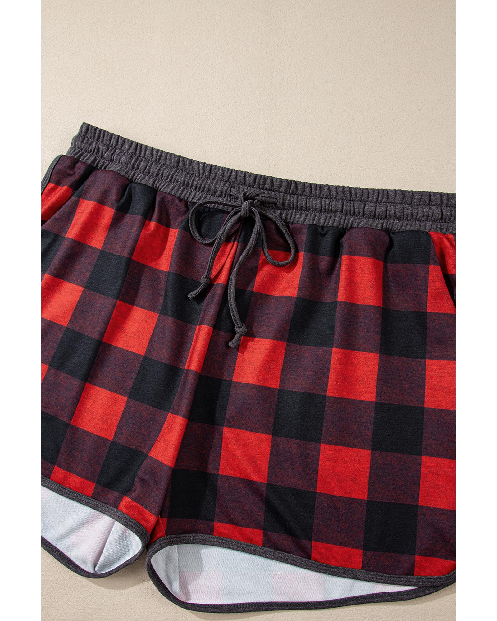 Fiery Red Christmas Buffalo Print Henley Top and Shorts Plus Size Set - 2X