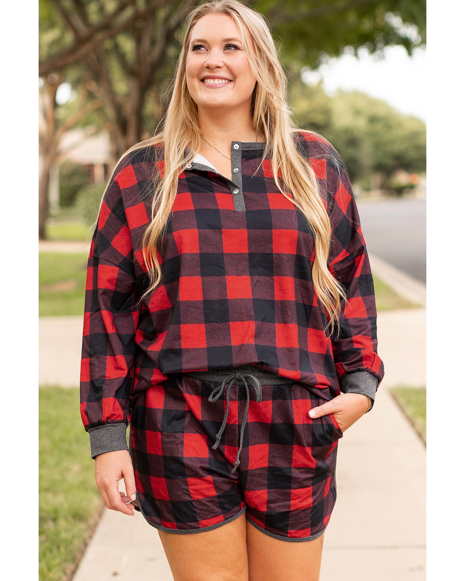 Fiery Red Christmas Buffalo Print Henley Top and Shorts Plus Size Set - 3X