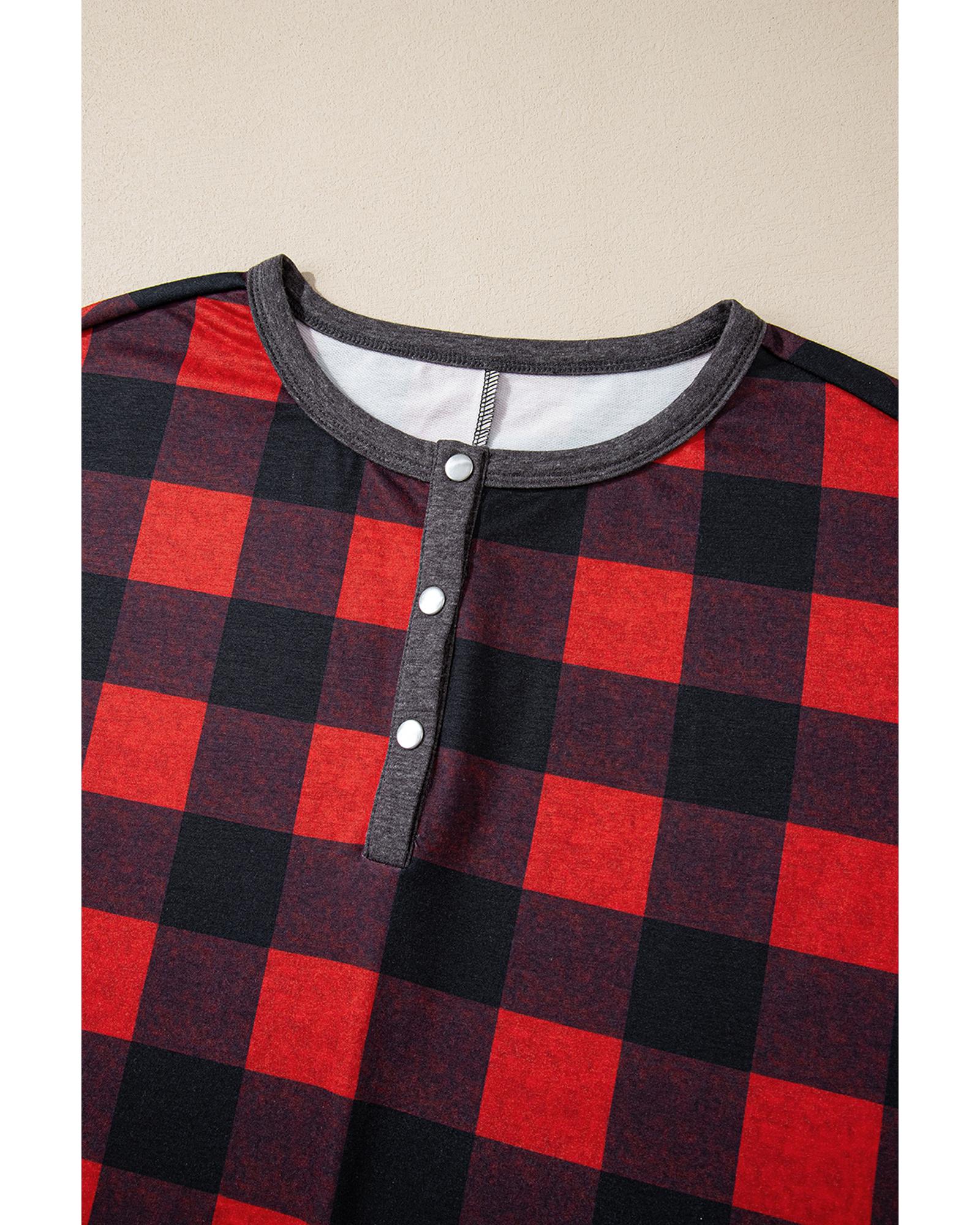 Fiery Red Christmas Buffalo Print Henley Top and Shorts Plus Size Set - 3X