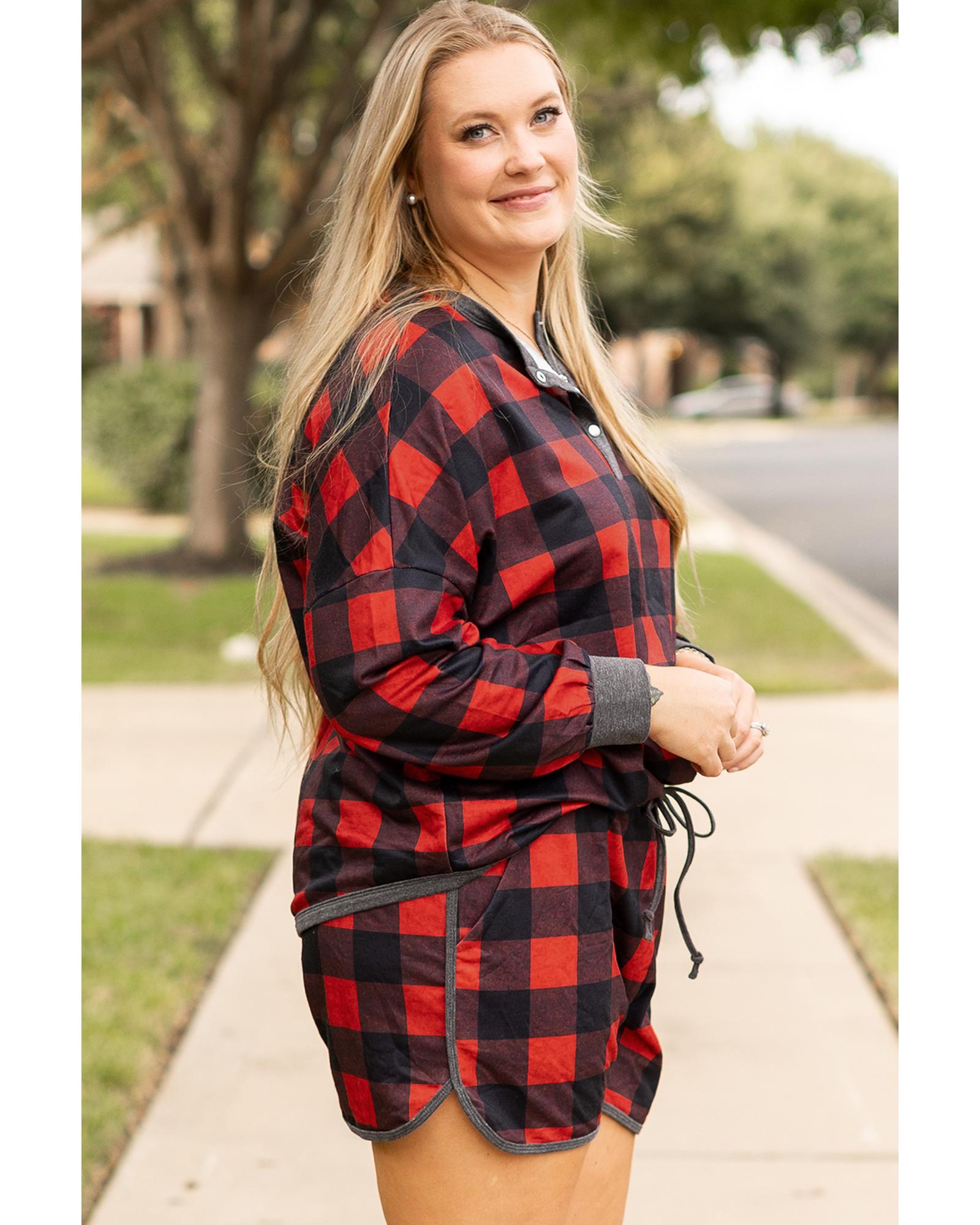 Fiery Red Christmas Buffalo Print Henley Top and Shorts Plus Size Set - 4X
