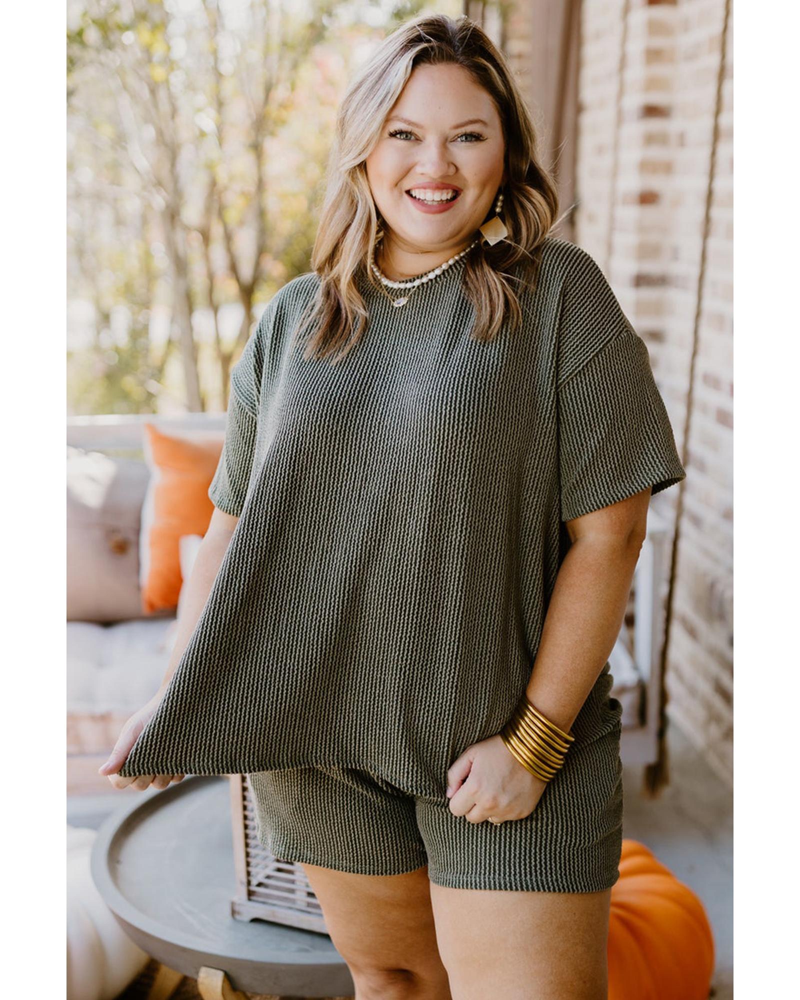 Moss Green Plus Size Rib Knit Short Sleeve Top and Shorts Set - 2X