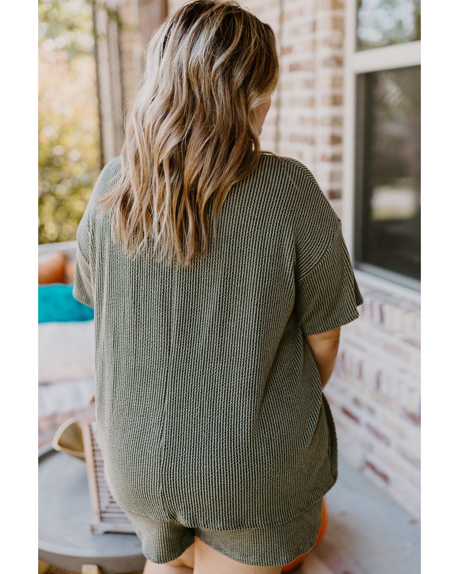 Moss Green Plus Size Rib Knit Short Sleeve Top and Shorts Set - 2X