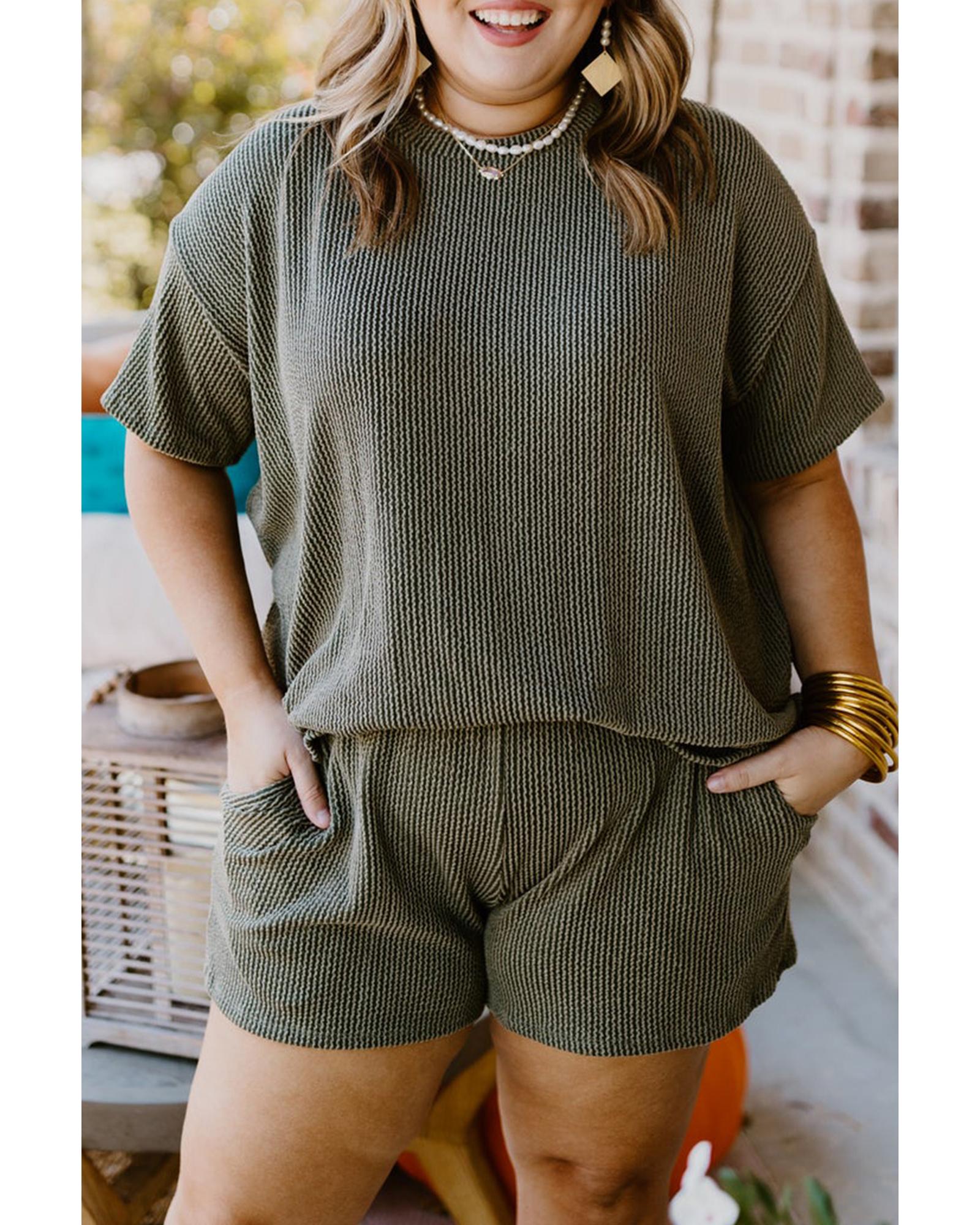 Moss Green Plus Size Rib Knit Short Sleeve Top and Shorts Set - 2X