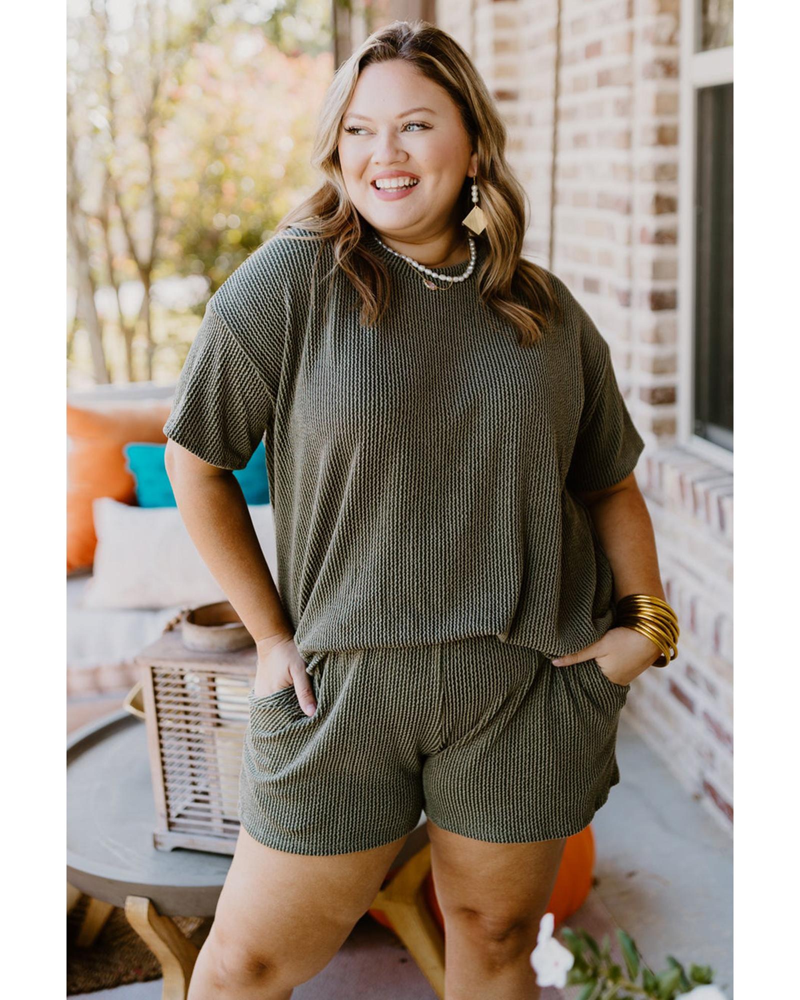 Moss Green Plus Size Rib Knit Short Sleeve Top and Shorts Set - 2X