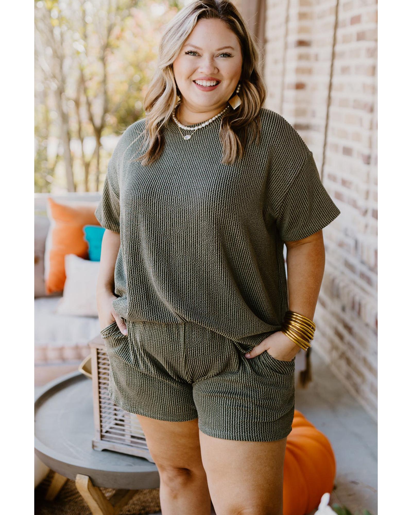 Moss Green Plus Size Rib Knit Short Sleeve Top and Shorts Set - 2X
