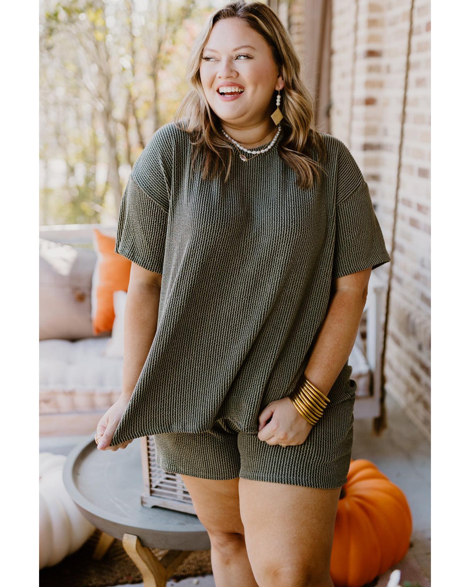 Moss Green Plus Size Rib Knit Short Sleeve Top and Shorts Set - 2X