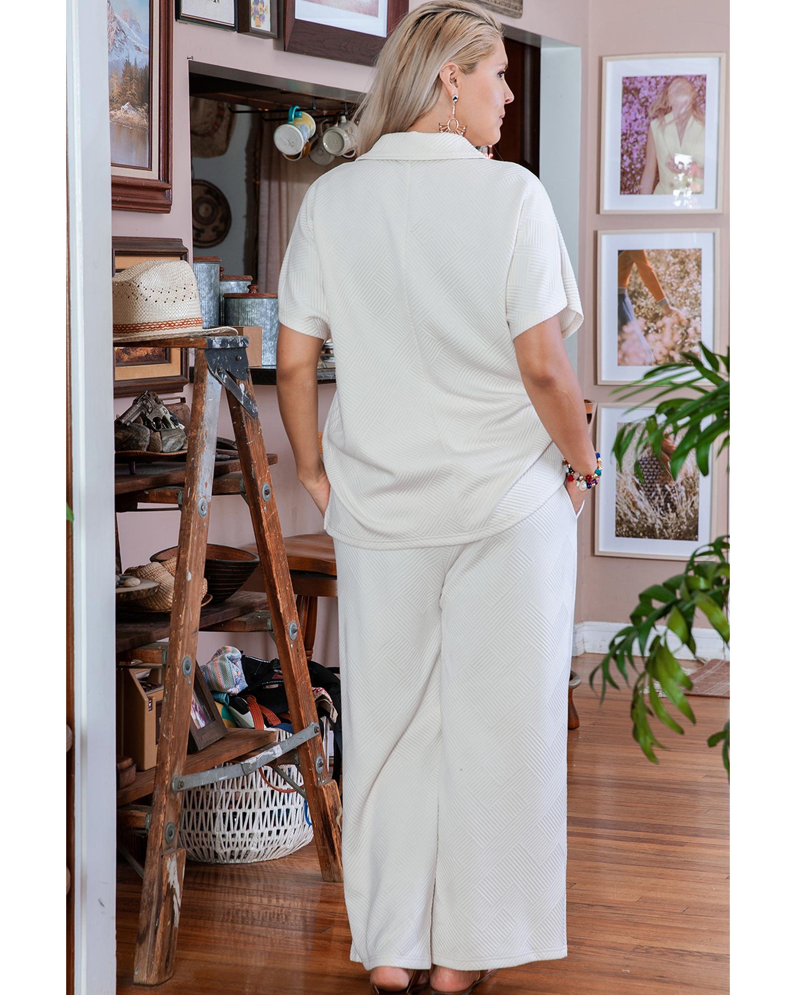 Beige Plus Size Textured Collared Top and Pants Set - 2X