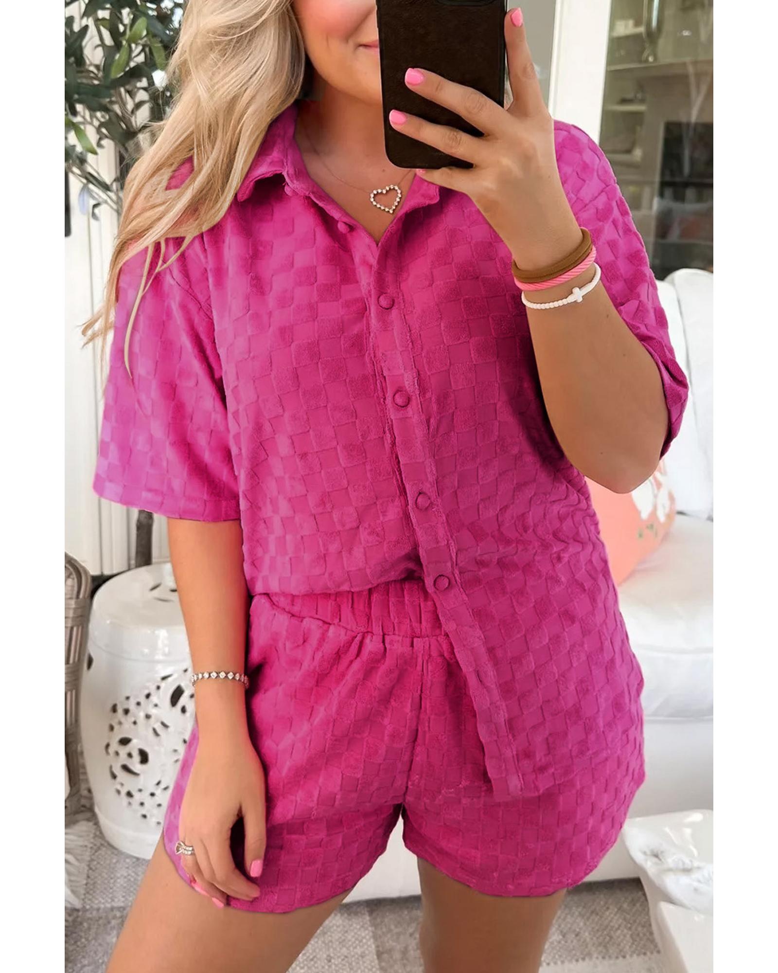 Peach Blossom Plus Size Checkered Terry Knit Short 2pcs Outfit - 1X