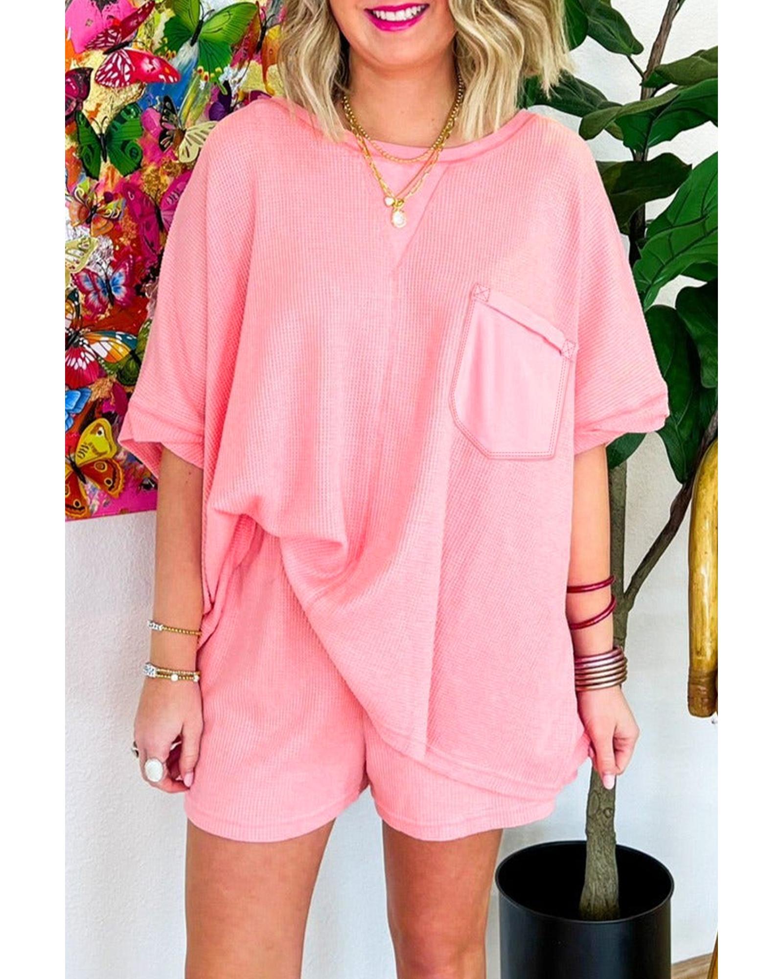 Pink Plus Size Ribbed Exposed Seam Tee and Shorts Set - 3X