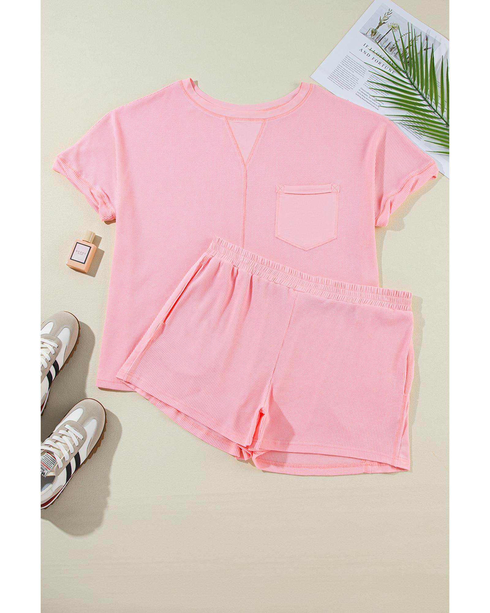 Pink Plus Size Ribbed Exposed Seam Tee and Shorts Set - 3X