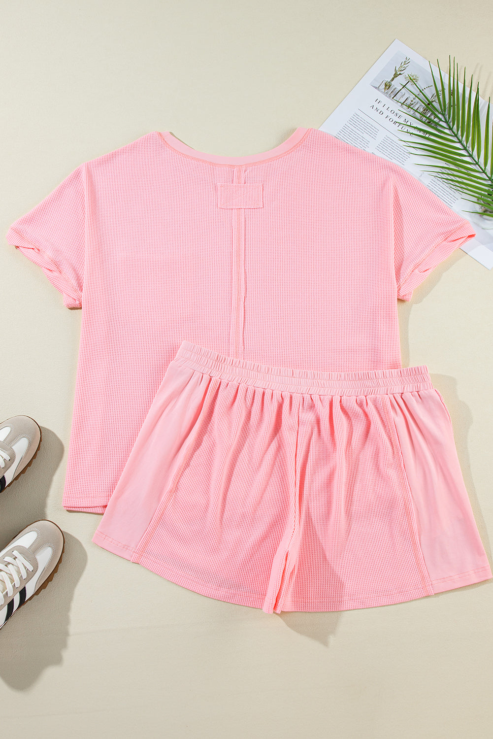 Pink Plus Size Ribbed Exposed Seam Tee and Shorts Set - 3X