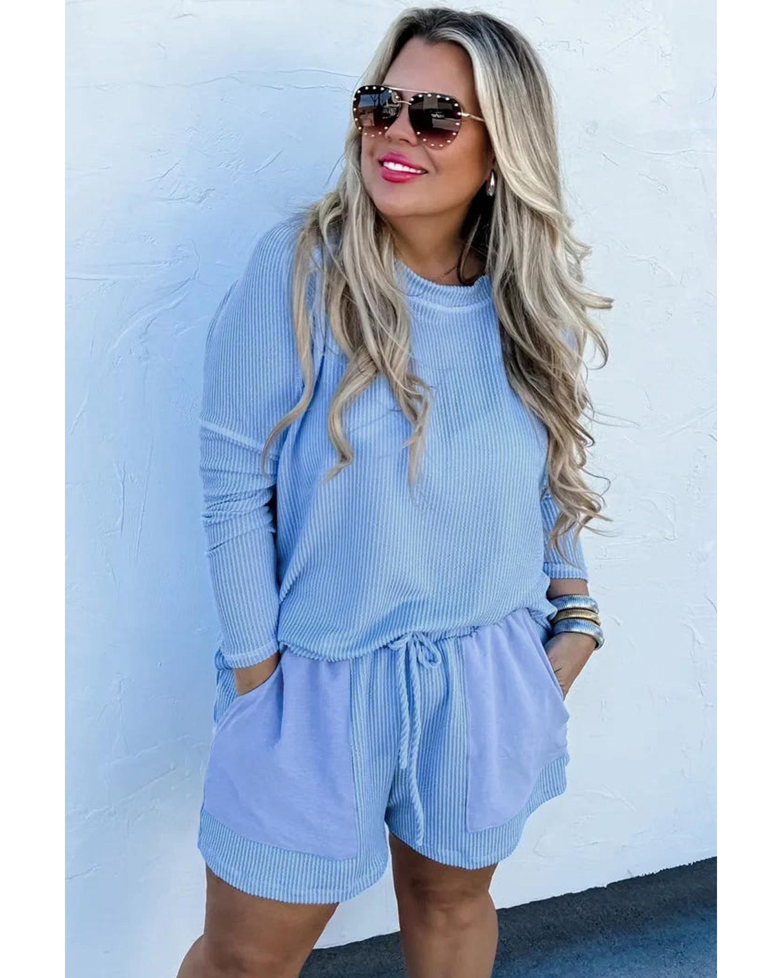 Light Blue Plus Size Ribbed Long Sleeve Top and Drawstring Shorts Set - 2X