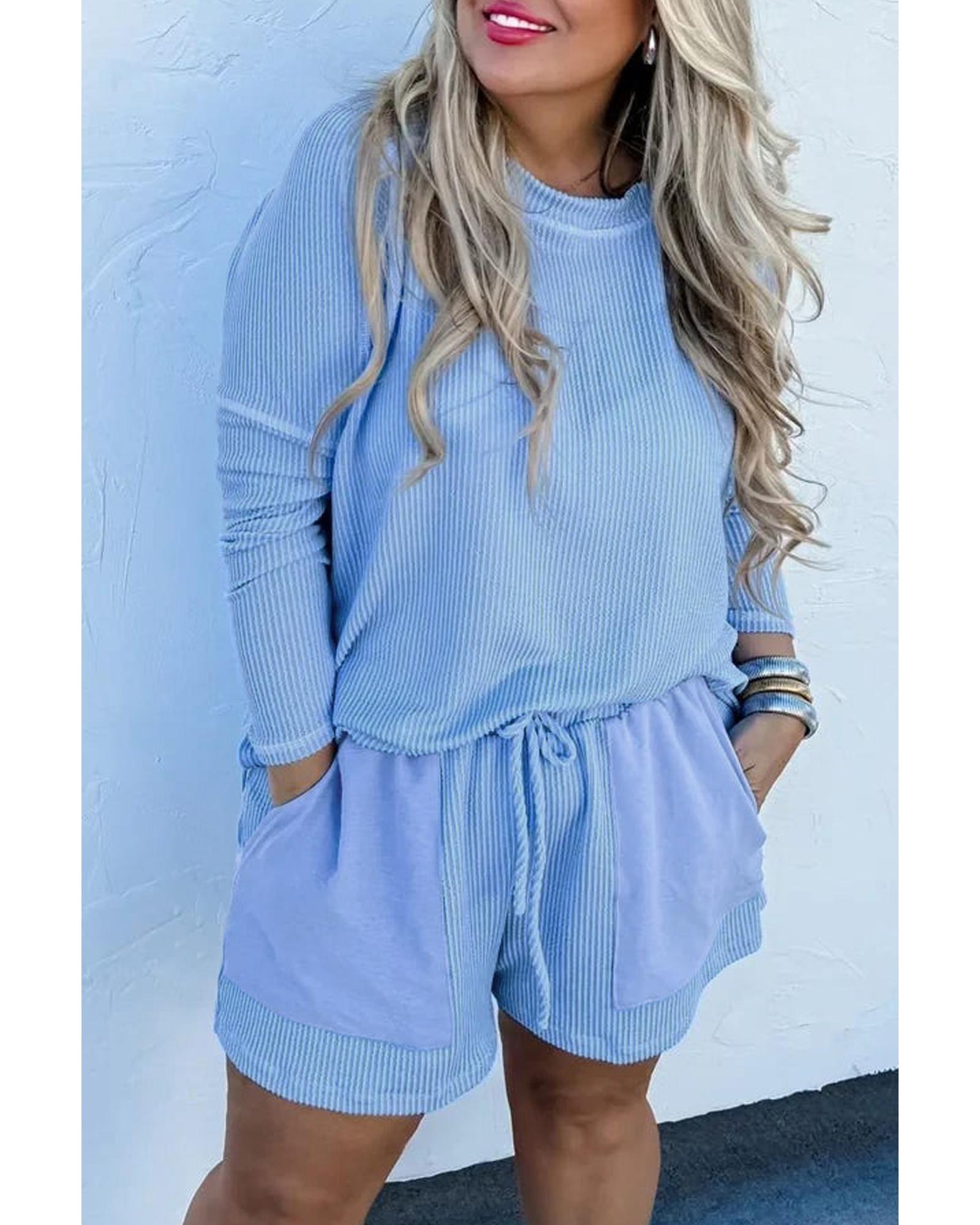 Light Blue Plus Size Ribbed Long Sleeve Top and Drawstring Shorts Set - 3X