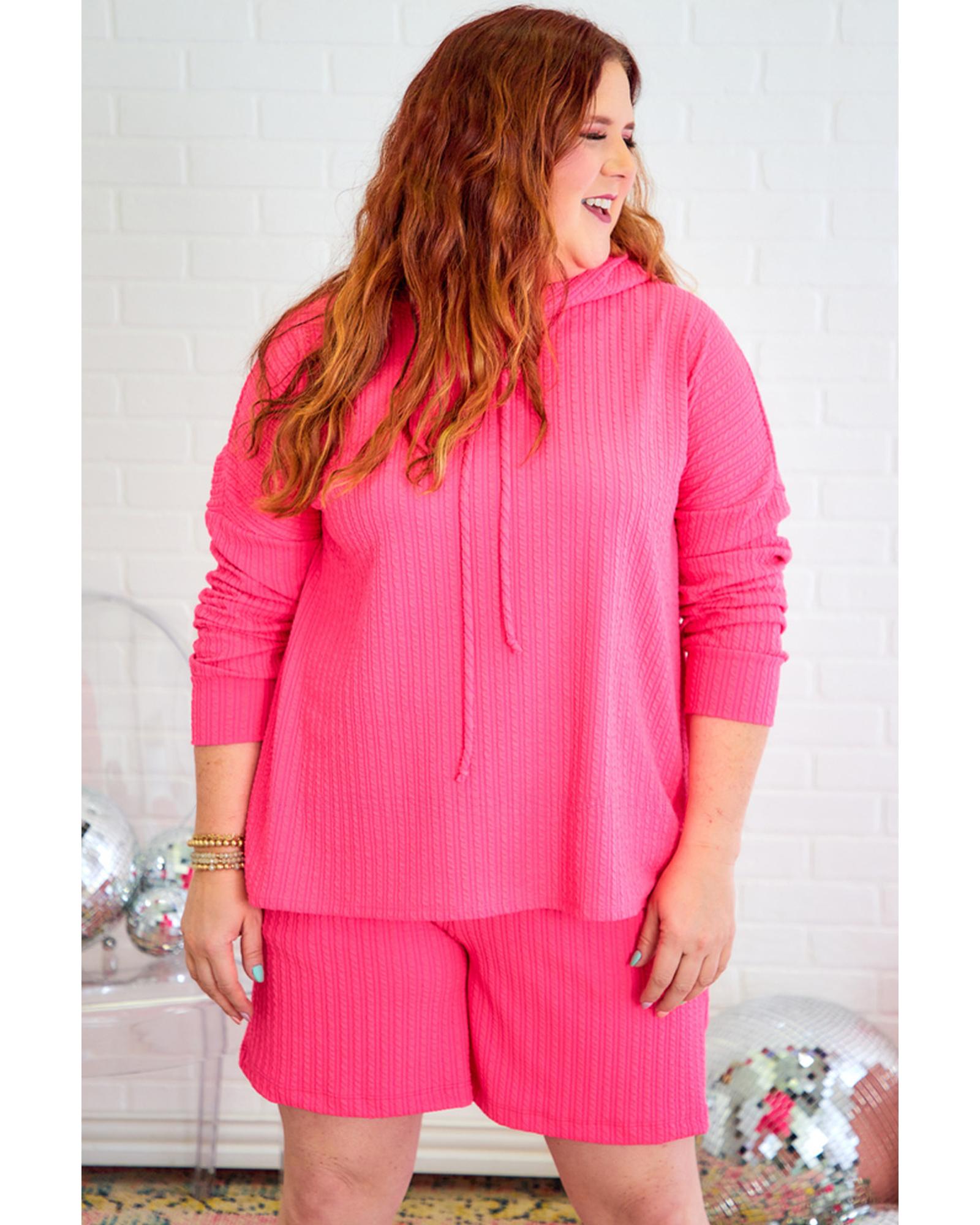 Rose Red Textured Hoodie and Shorts Plus Size Two Piece Set - 1X