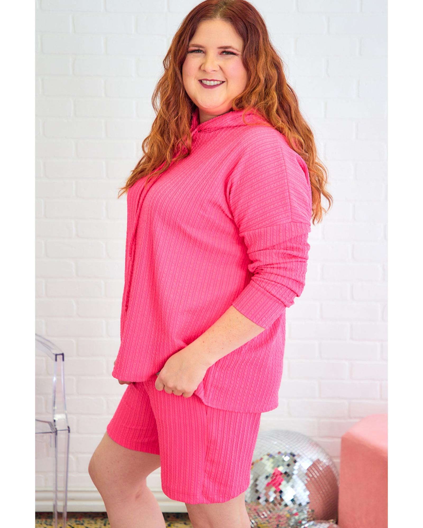Rose Red Textured Hoodie and Shorts Plus Size Two Piece Set - 2X