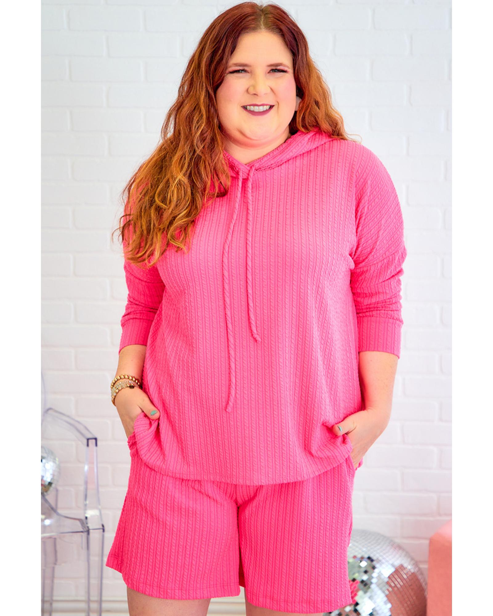 Rose Red Textured Hoodie and Shorts Plus Size Two Piece Set - 3X