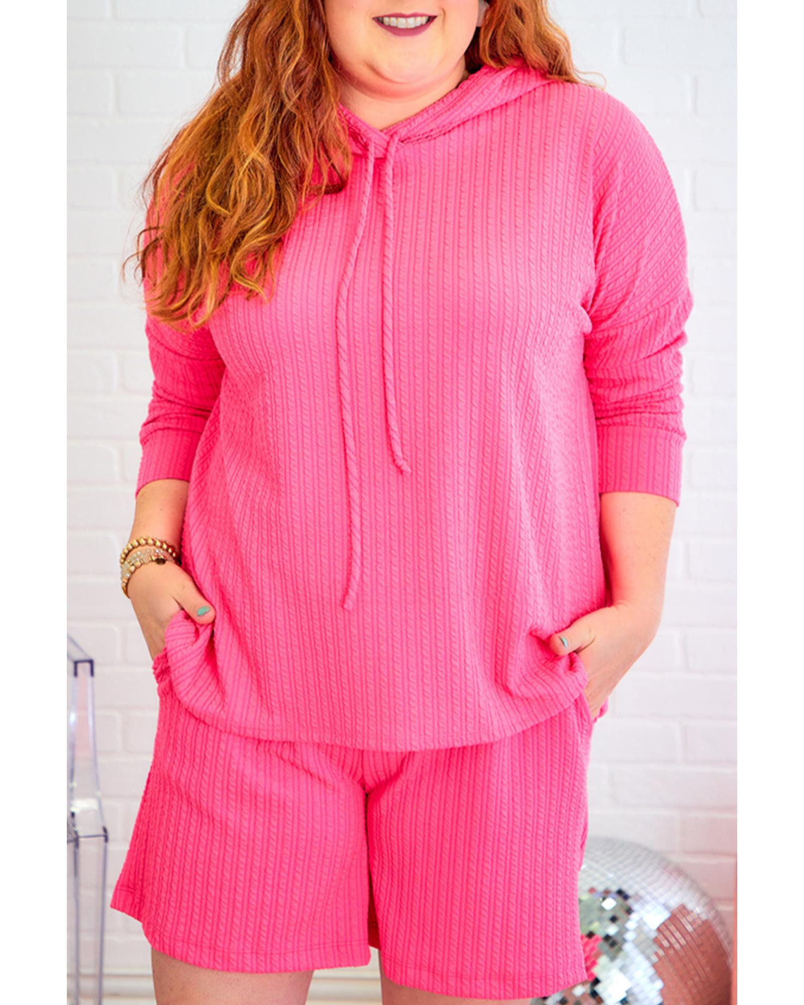 Rose Red Textured Hoodie and Shorts Plus Size Two Piece Set - 3X