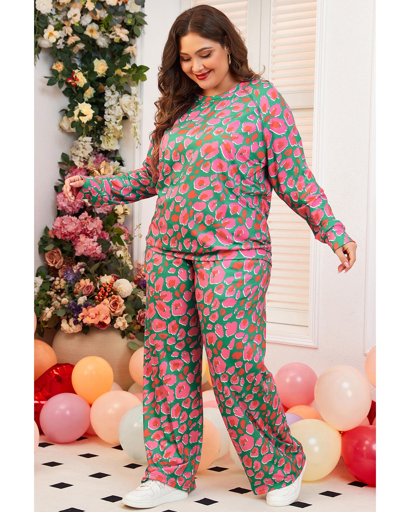 Green Plus Size Printed Long Sleeve and Pants Lounge Set - 1X
