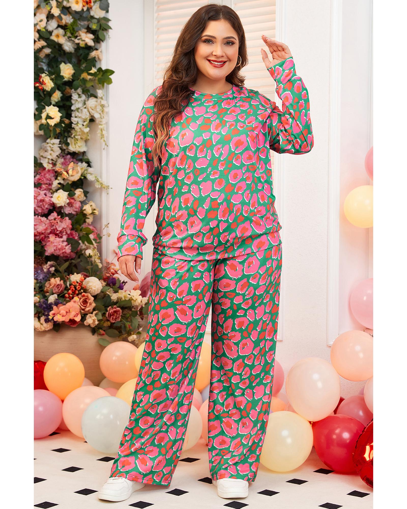 Green Plus Size Printed Long Sleeve and Pants Lounge Set - 3X