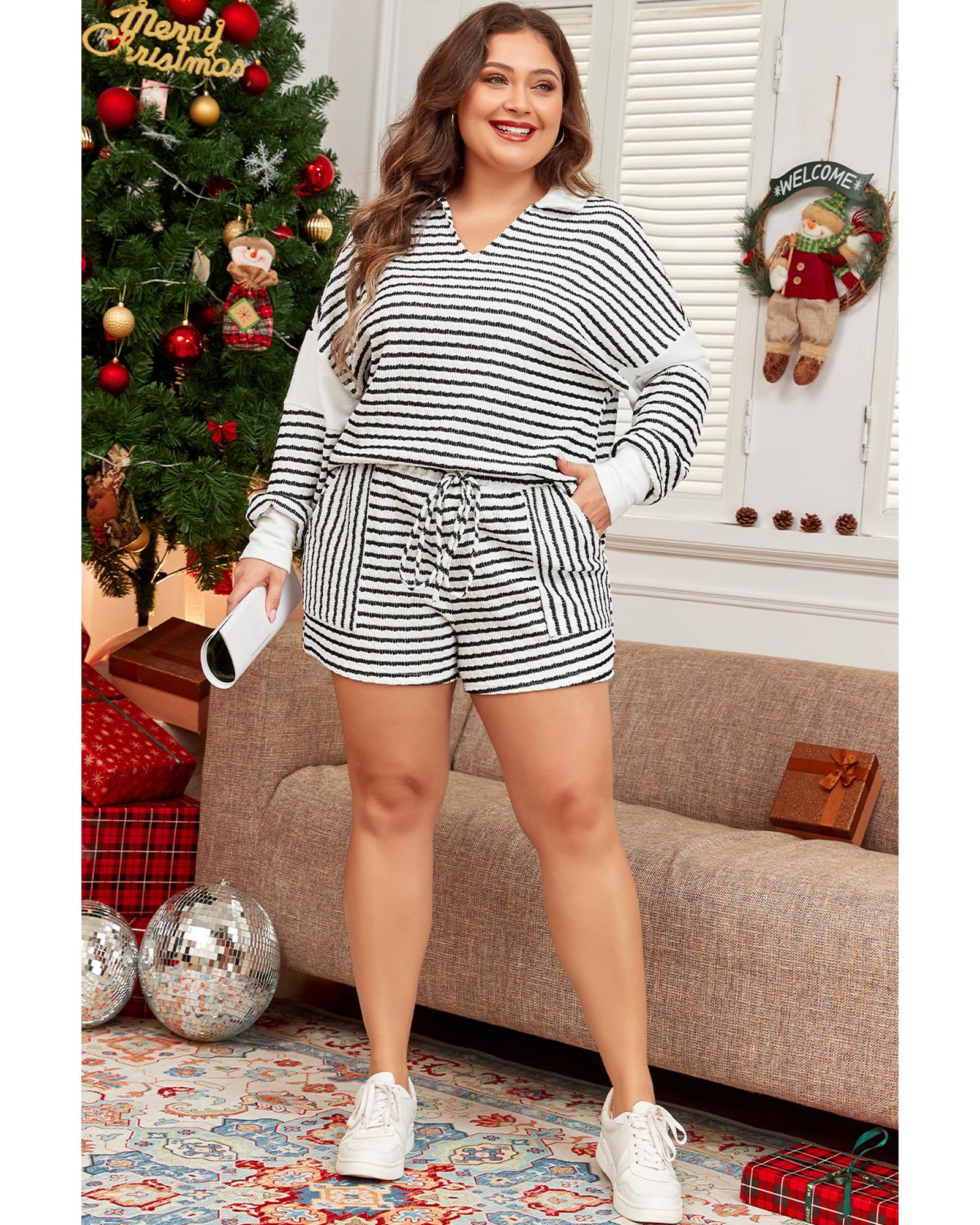 Black Stripe Collared V Neck Long Sleeve Top Plus Shorts Set - 1X