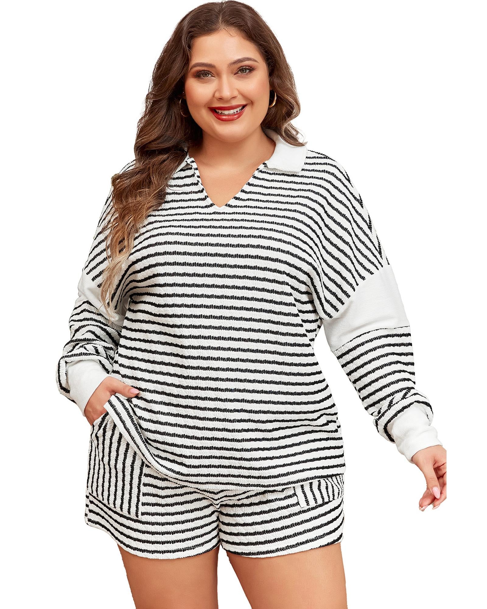 Black Stripe Collared V Neck Long Sleeve Top Plus Shorts Set - 2X