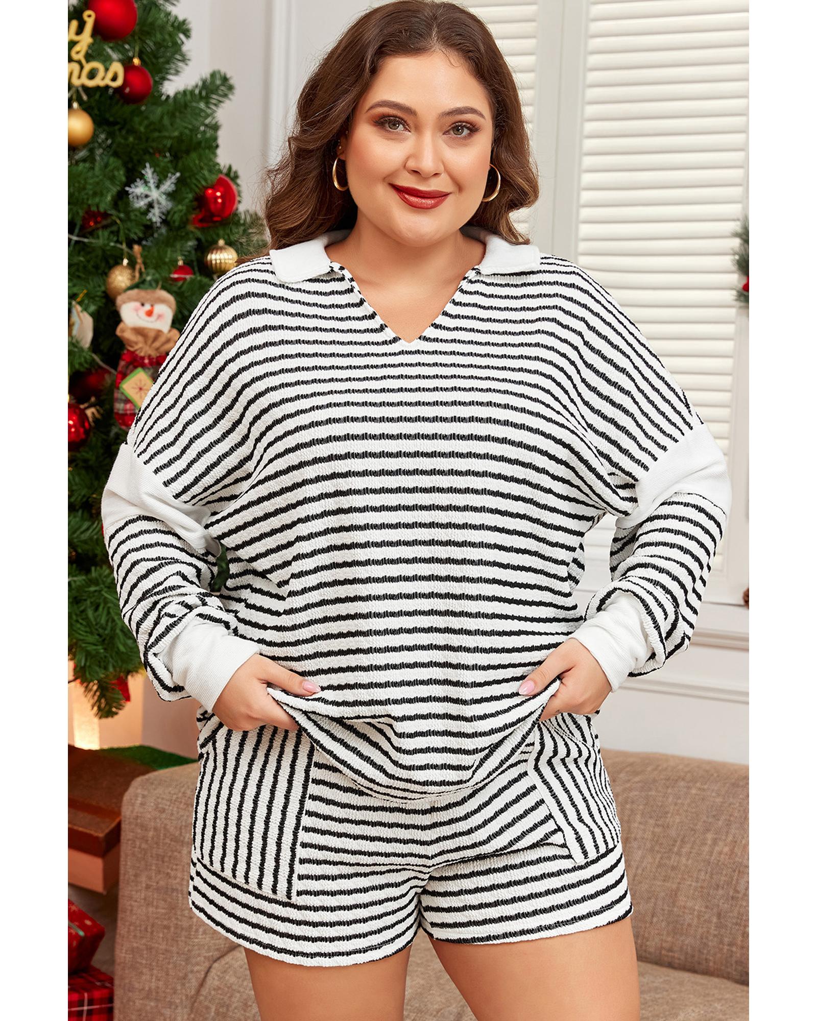 Black Stripe Collared V Neck Long Sleeve Top Plus Shorts Set - 2X