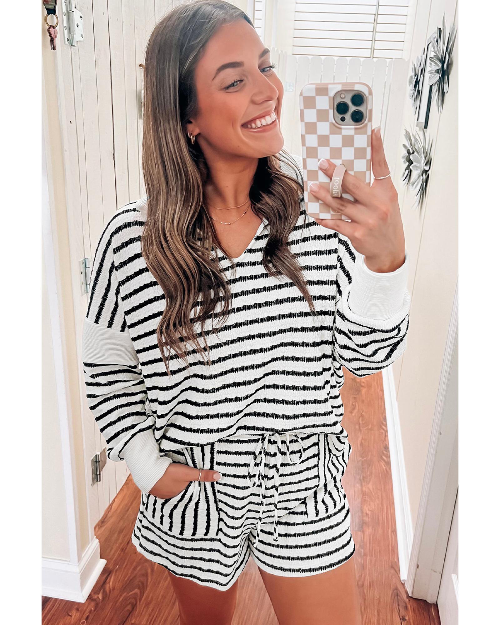 Black Stripe Collared V Neck Long Sleeve Top Plus Shorts Set - 2X