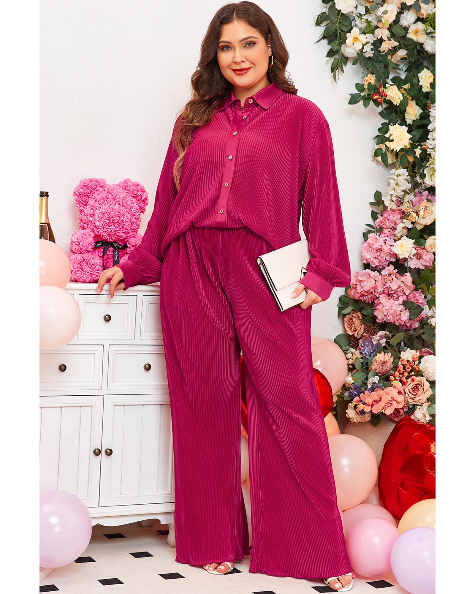 Rose Red Plus Size Ribbed Long Sleeve Shirt and Pants Pajama Set - 1X