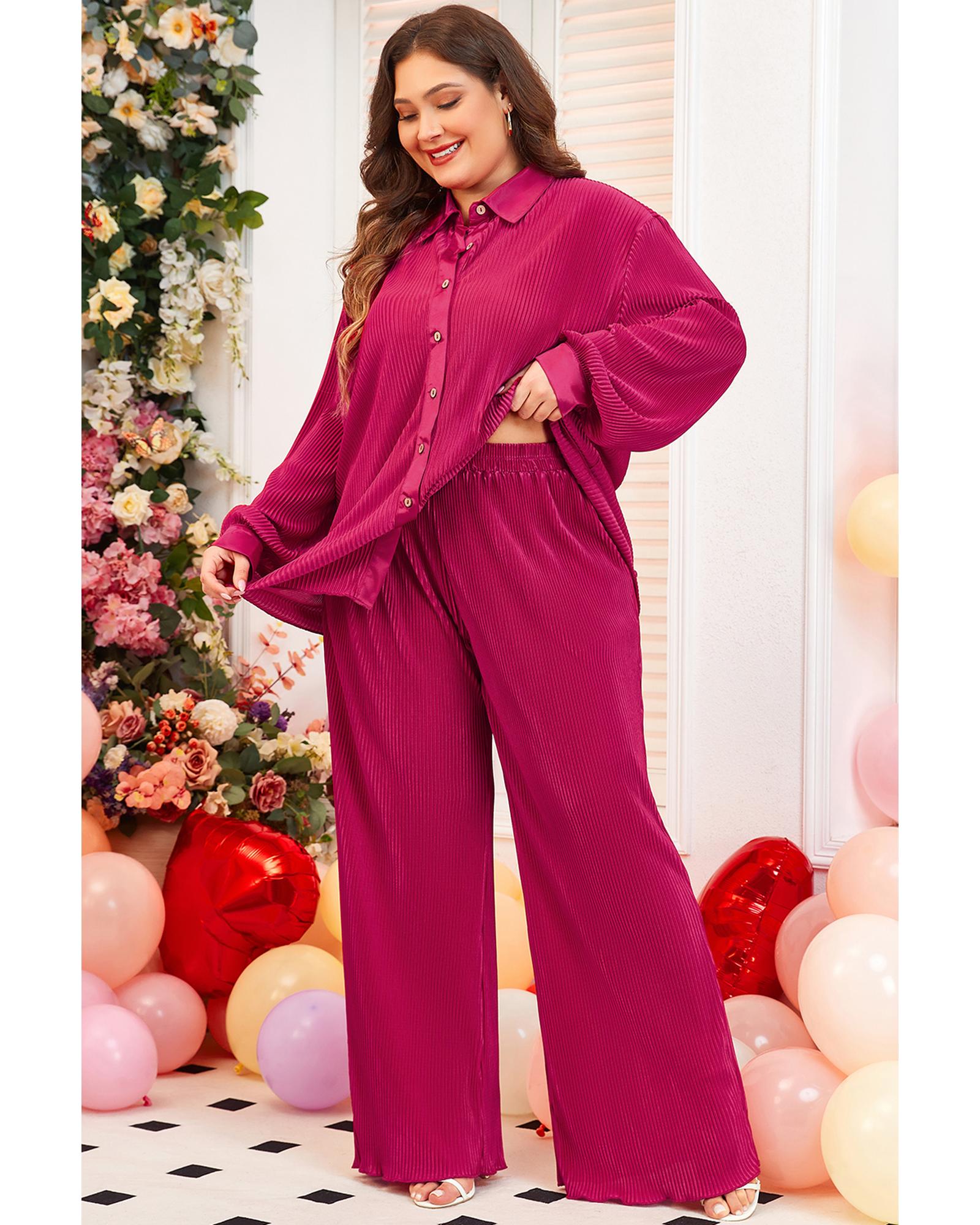Rose Red Plus Size Ribbed Long Sleeve Shirt and Pants Pajama Set - 2X