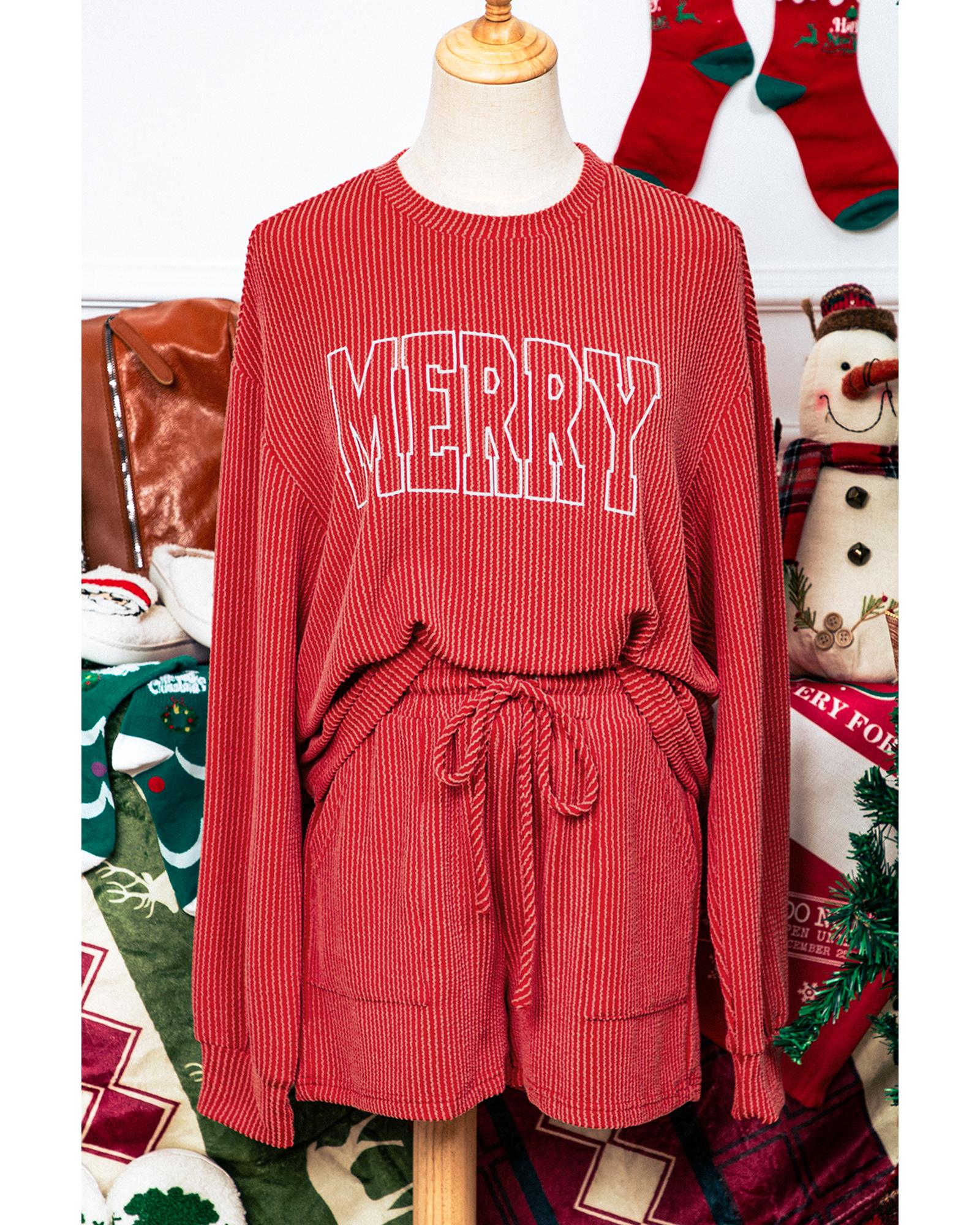 Racing Red MERRY Ribbed Knit Long Sleeve Lace-up Waist Plus Size Set - 3X