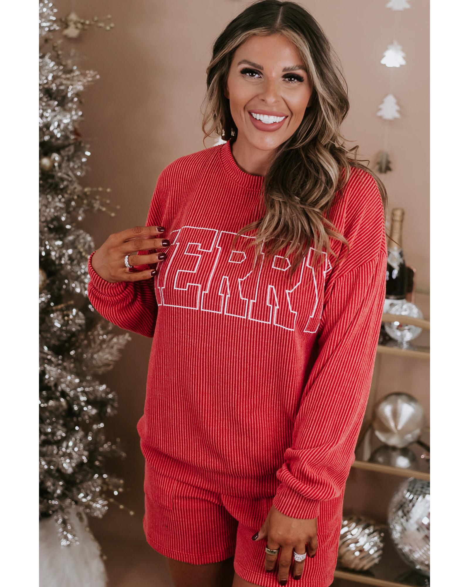 Racing Red MERRY Ribbed Knit Long Sleeve Lace-up Waist Plus Size Set - 3X