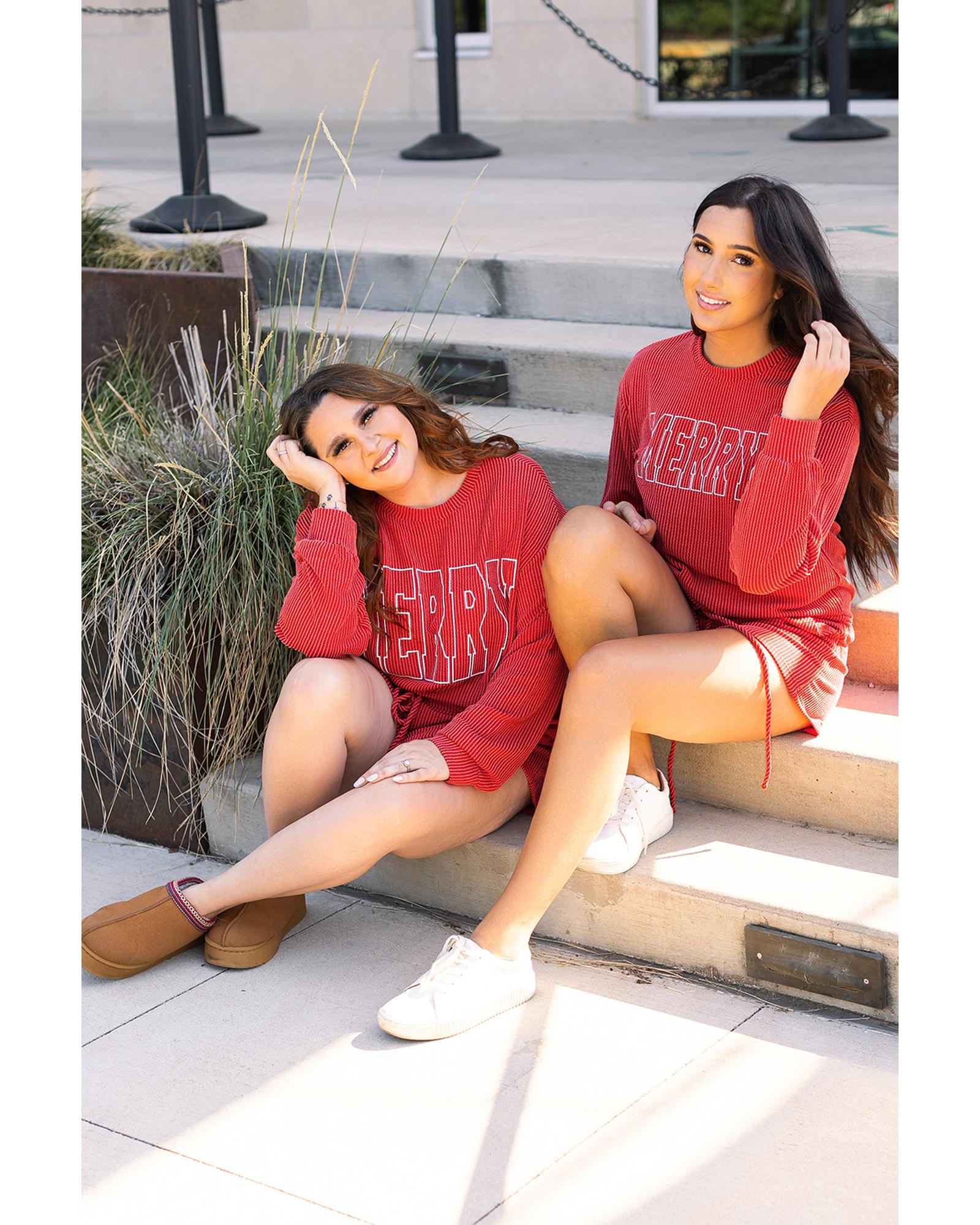 Racing Red MERRY Ribbed Knit Long Sleeve Lace-up Waist Plus Size Set - 3X