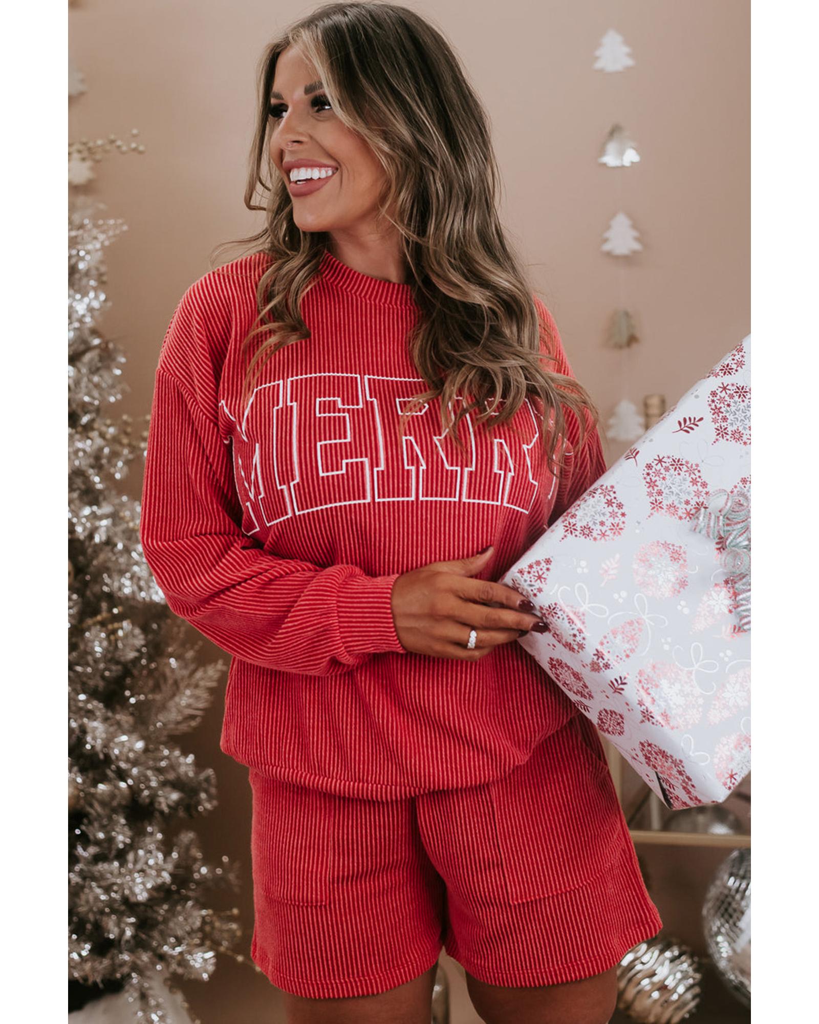 Racing Red MERRY Ribbed Knit Long Sleeve Lace-up Waist Plus Size Set - 3X