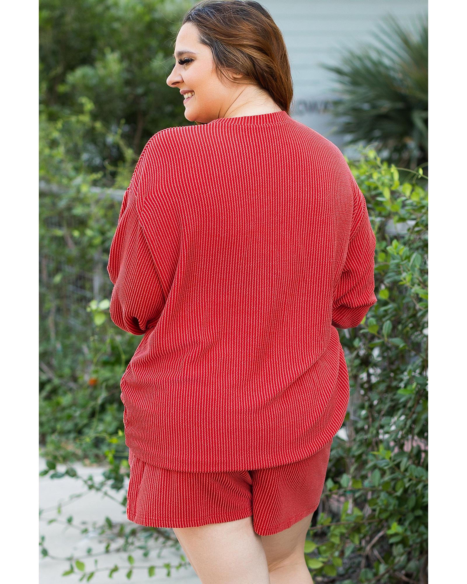 Racing Red MERRY Ribbed Knit Long Sleeve Lace-up Waist Plus Size Set - 3X
