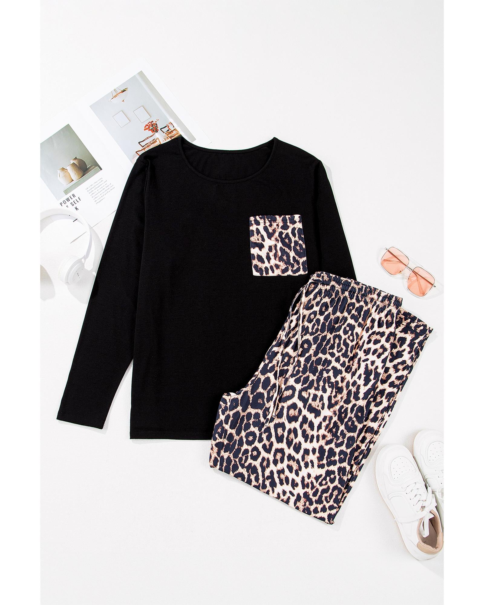 Black Leopard Patched Pocket Long Sleeve Top Plus Size Pants Set - 1X