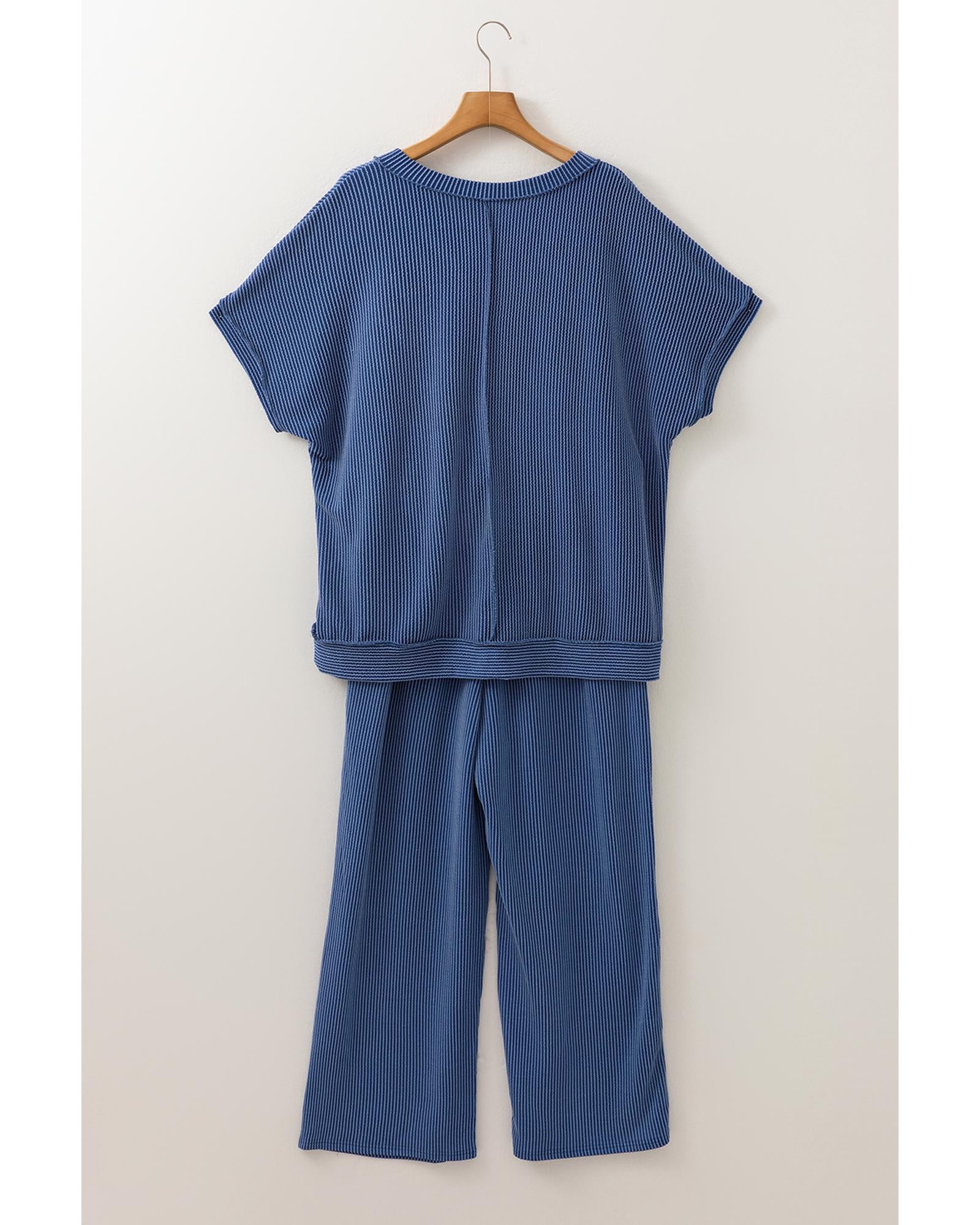 Sail Blue Ribbed V Neck Tee and Pants Plus Size Set - 2X