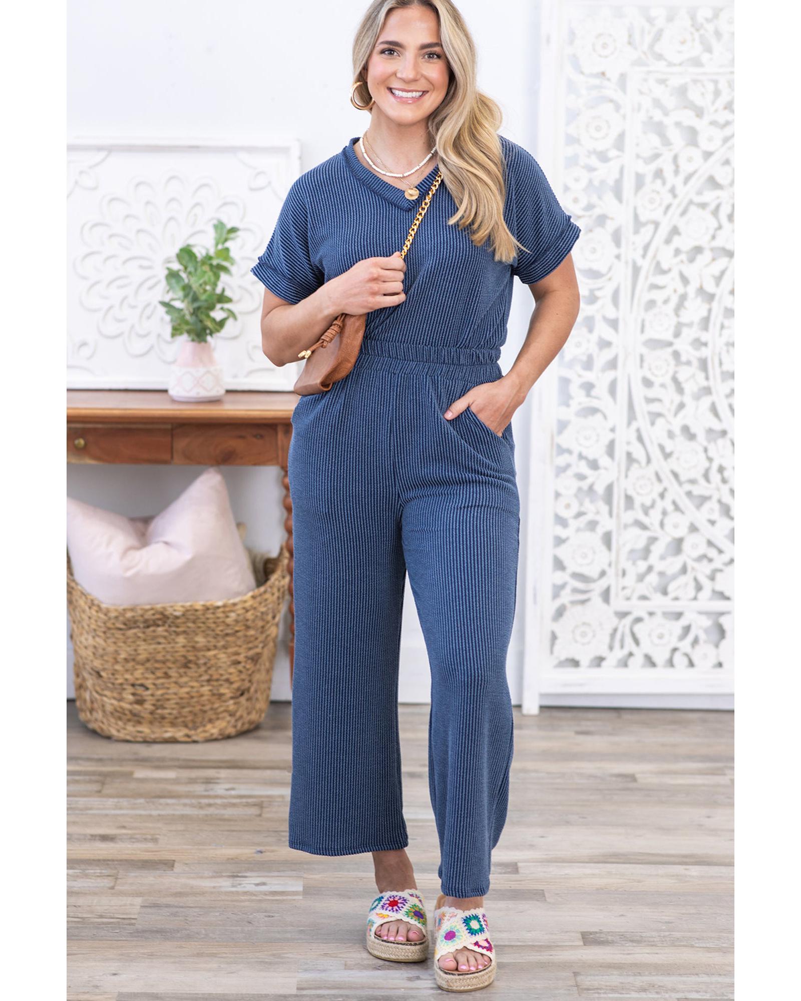 Sail Blue Ribbed V Neck Tee and Pants Plus Size Set - 2X