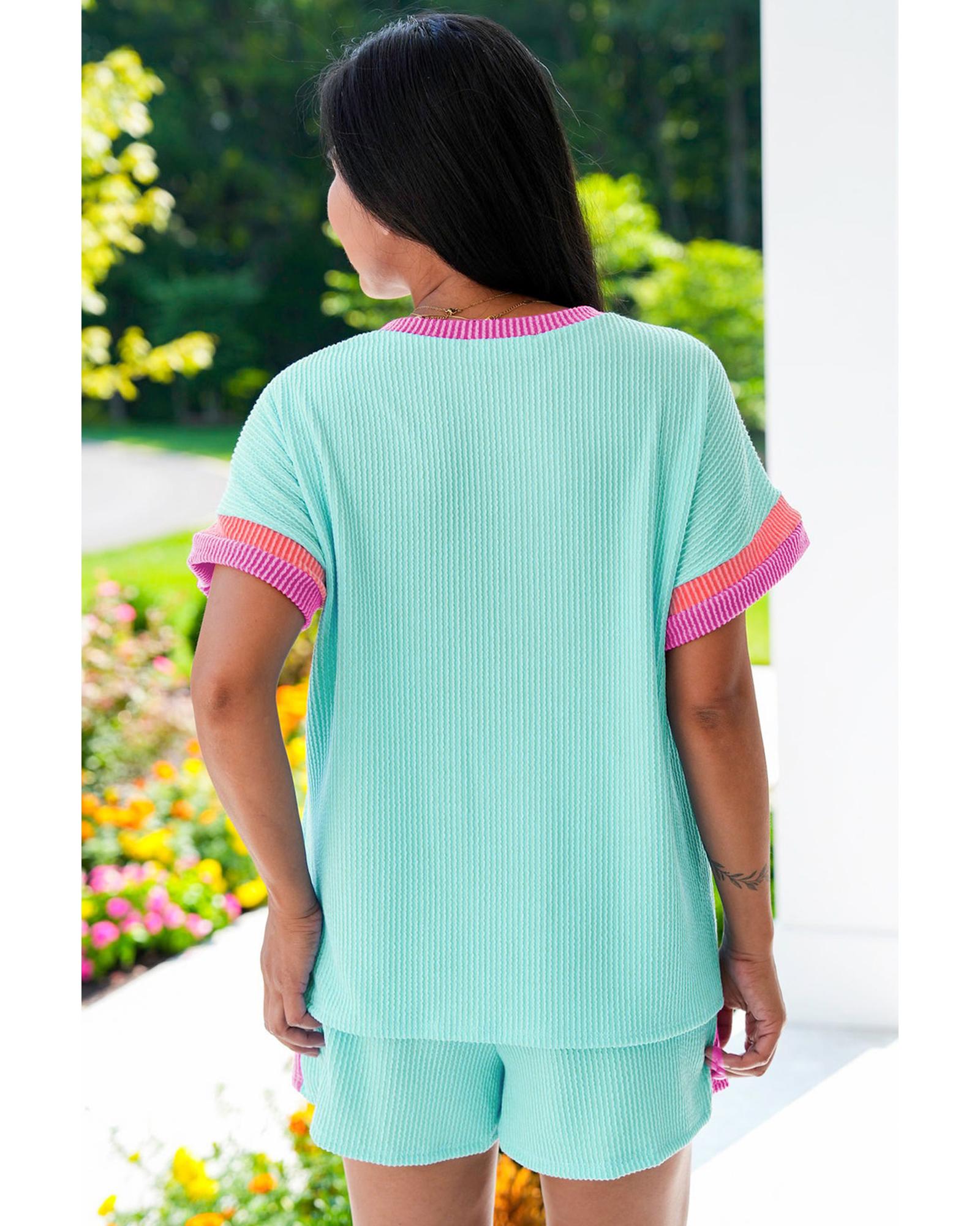 Light Blue Plus Size Color Block Corded Knit Tee and Shorts Set - 1X