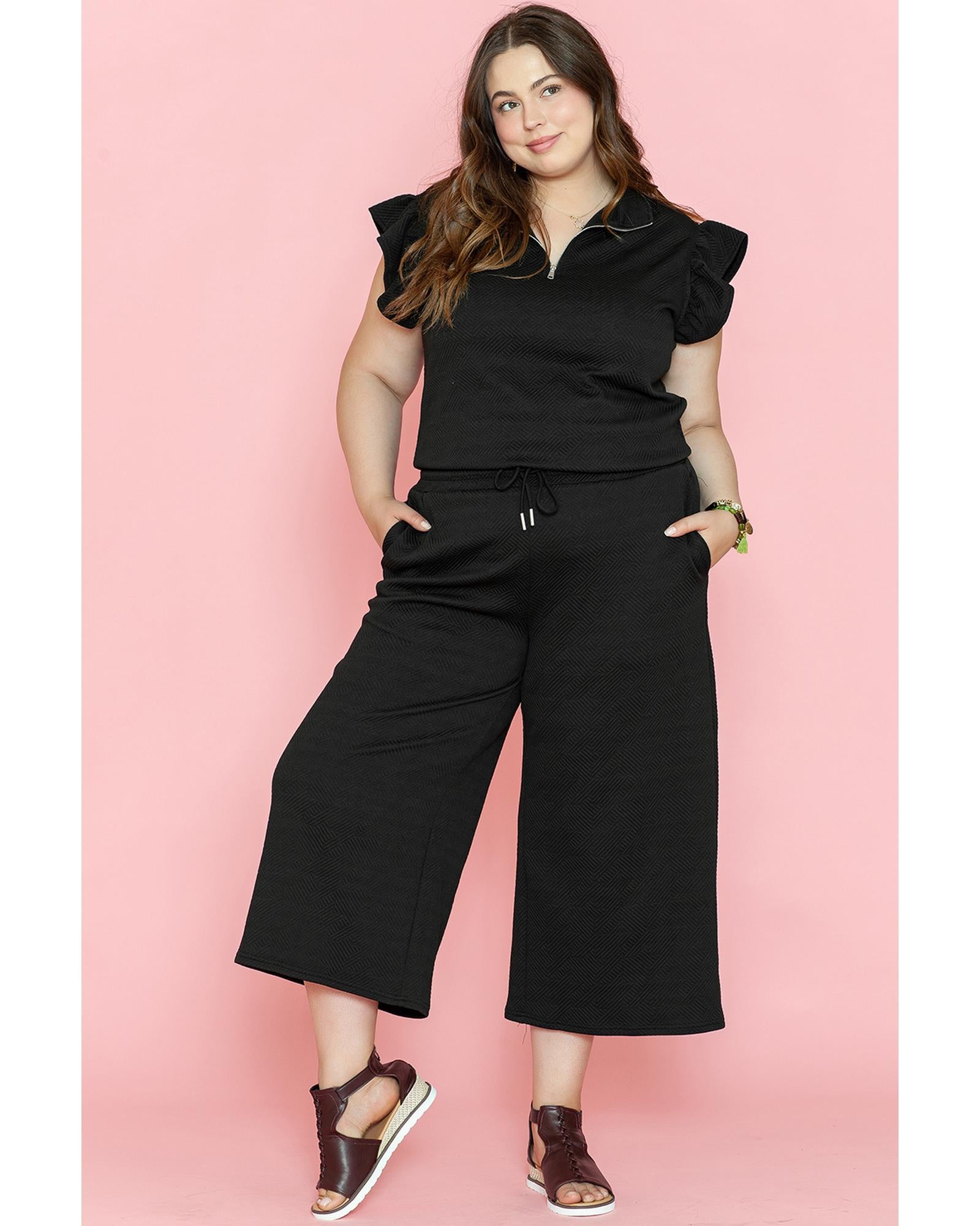 Black Plus Ruffled Sleeve Quarter Zip Top Wide Leg Pants Set - 1X