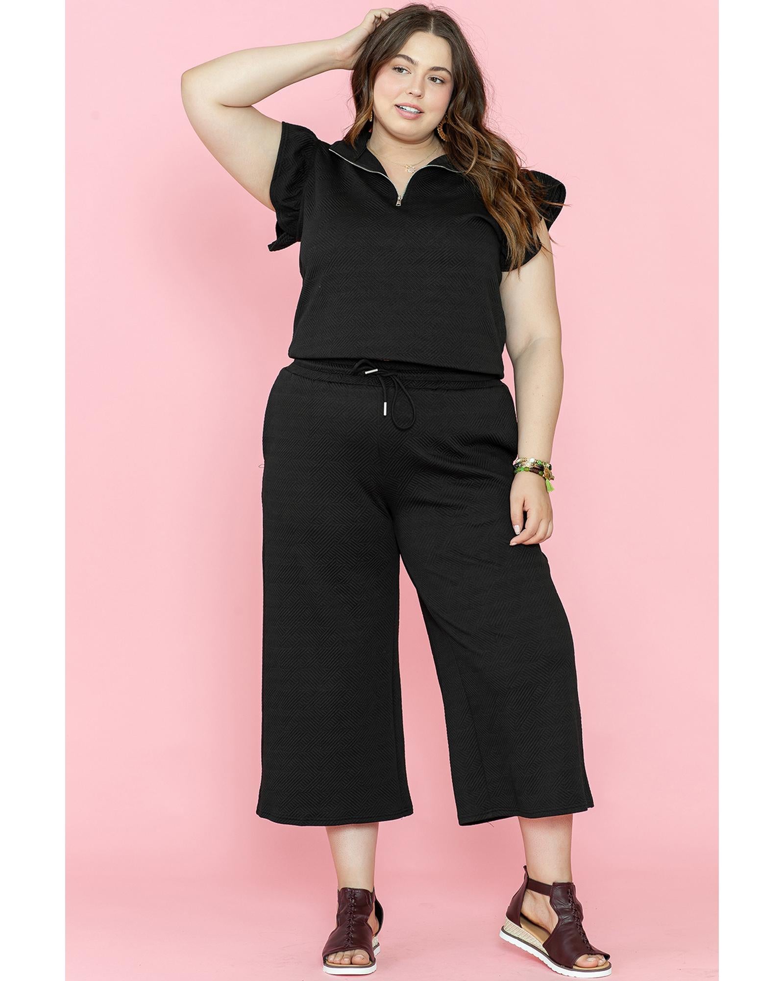 Black Plus Ruffled Sleeve Quarter Zip Top Wide Leg Pants Set - 1X
