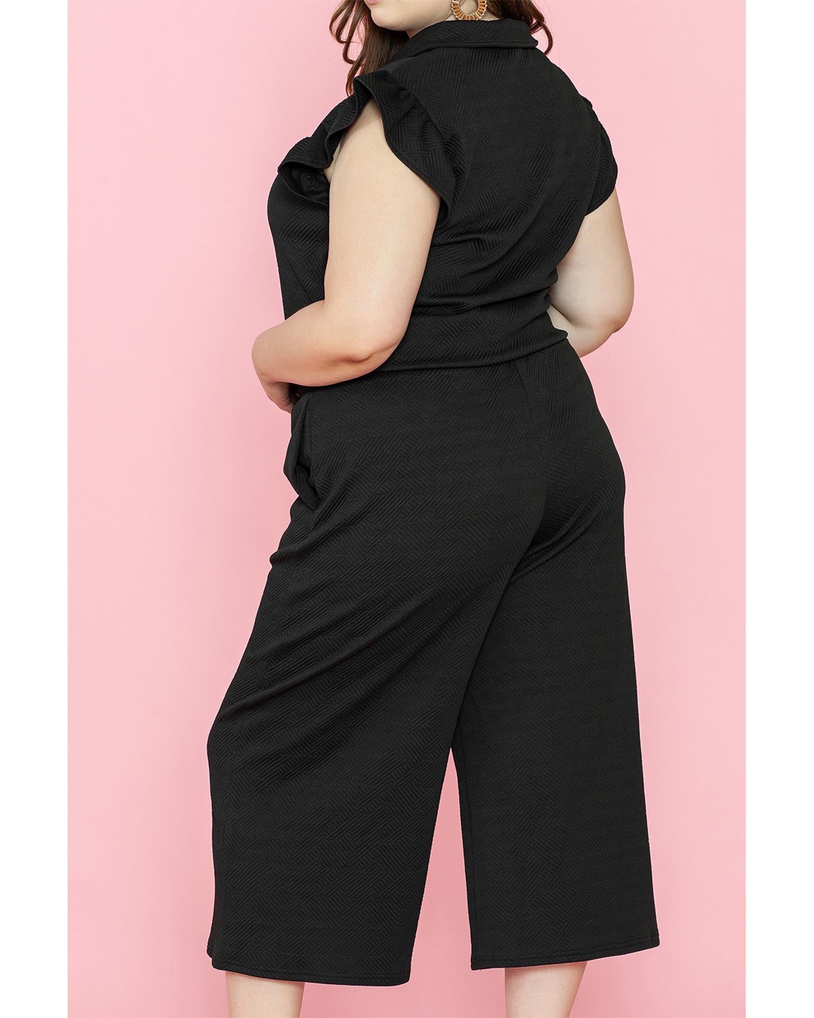 Black Plus Ruffled Sleeve Quarter Zip Top Wide Leg Pants Set - 1X