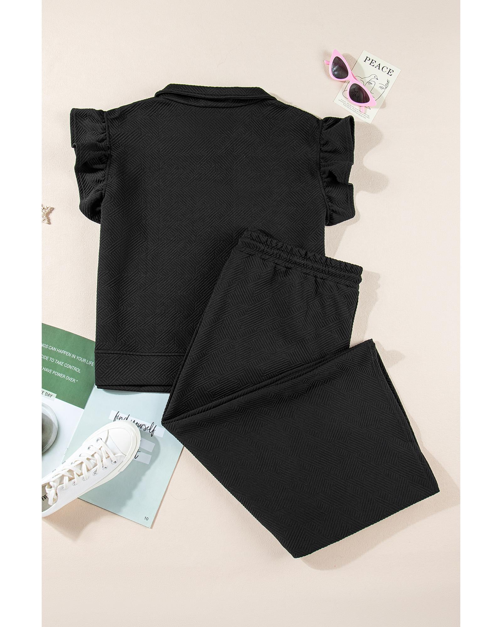 Black Plus Ruffled Sleeve Quarter Zip Top Wide Leg Pants Set - 1X