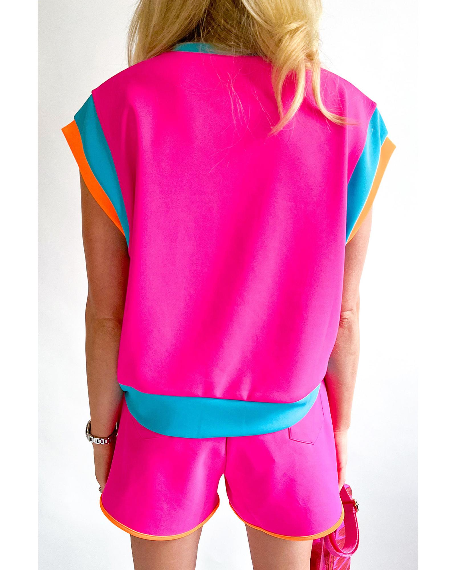 Rose Red Colorblock Patchwork Cap Sleeve Top Plus Size Shorts Set - 2X