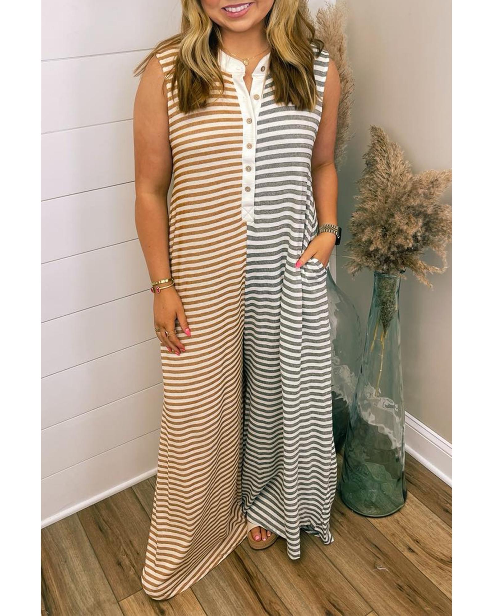 Gray Stripe Plus Size Color Block Buttoned Sleeveless Wide Leg Jumpsuit - 2X