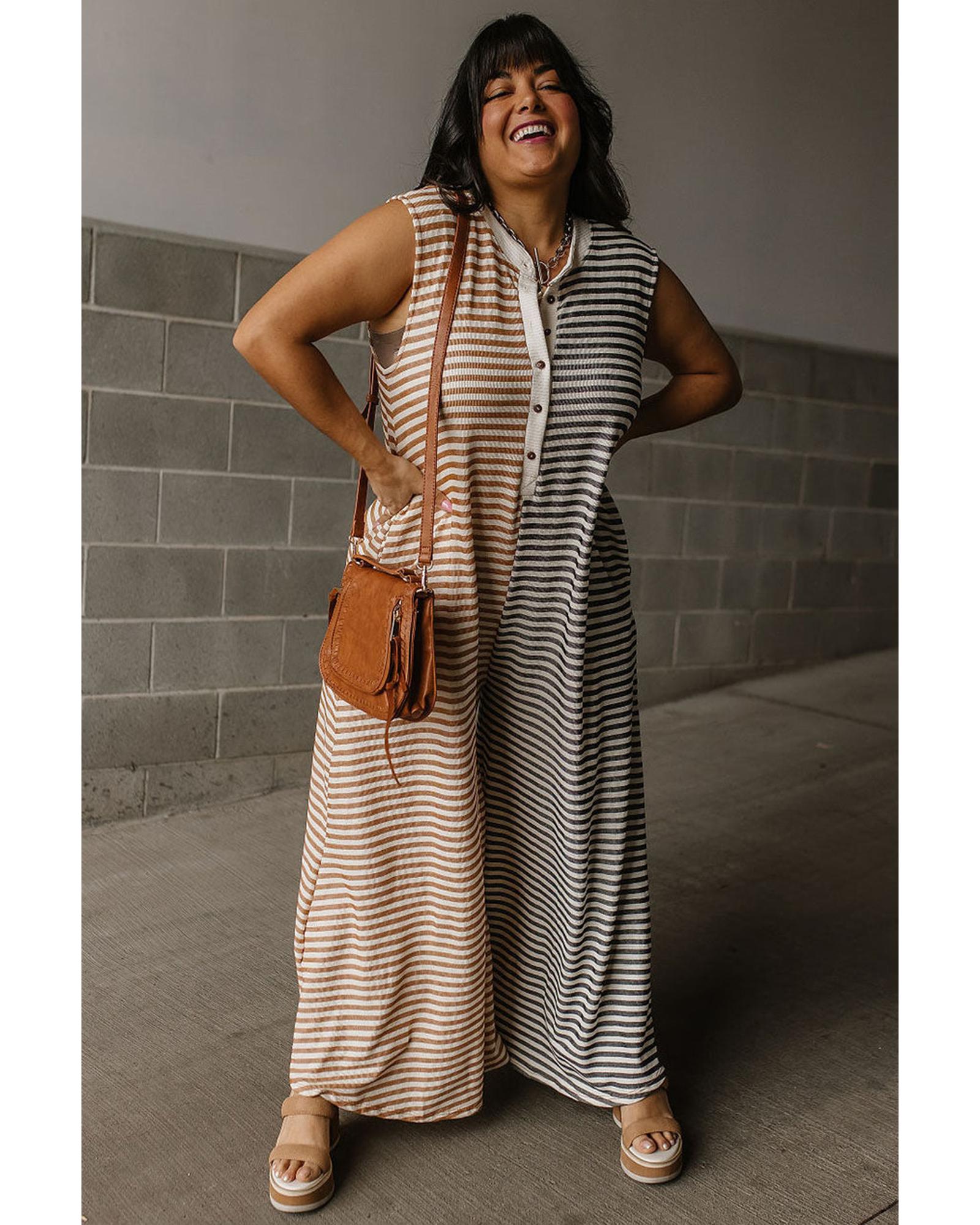 Gray Stripe Plus Size Color Block Buttoned Sleeveless Wide Leg Jumpsuit - 2X